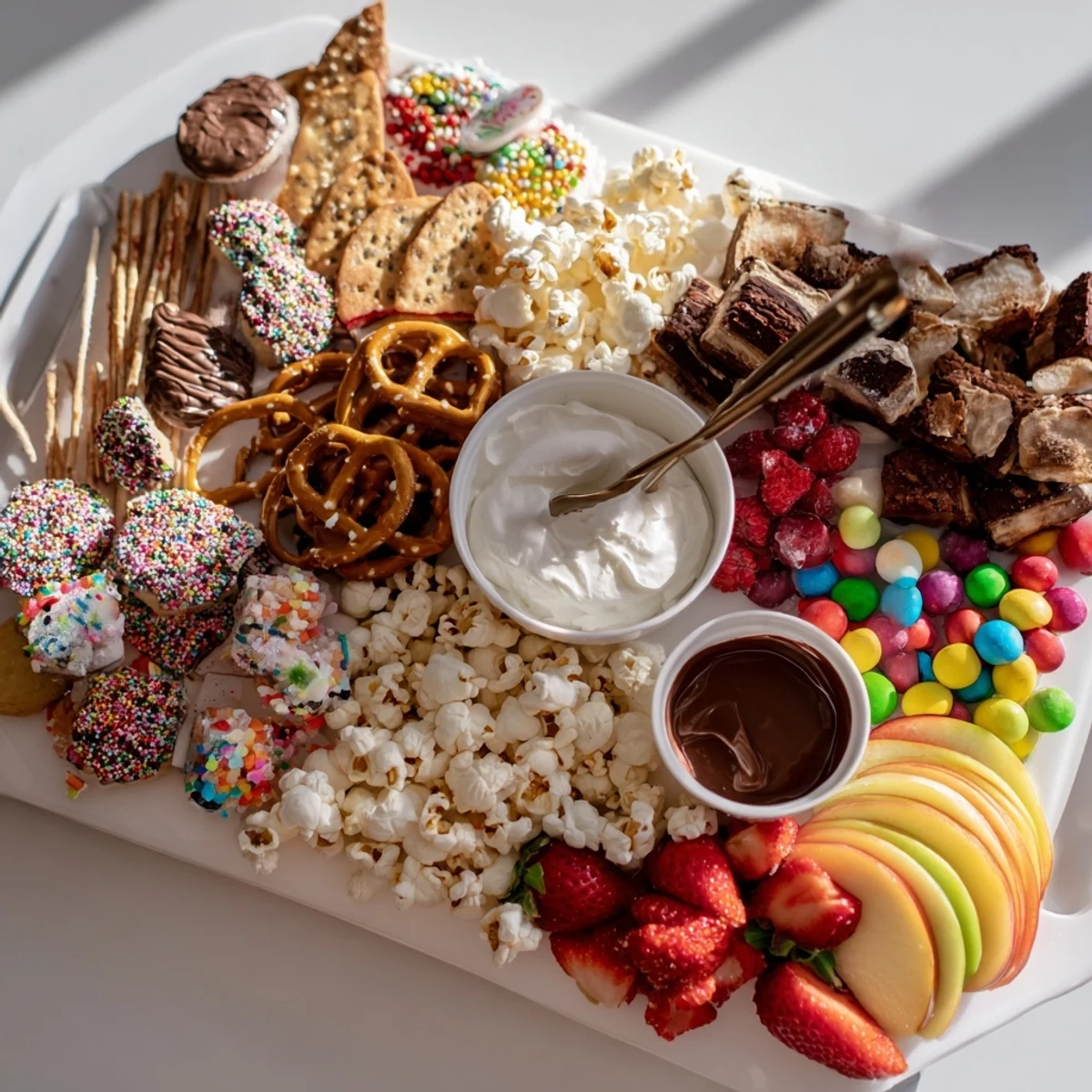 A delicious arrangement of holiday-themed snacks and fresh fruits on a dessert board.