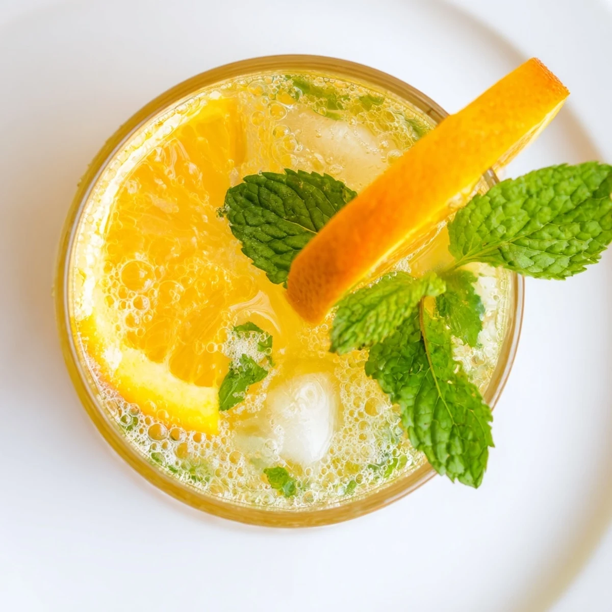 Refreshing probiotic soda mocktail with citrus and mint over ice in glasses.  
