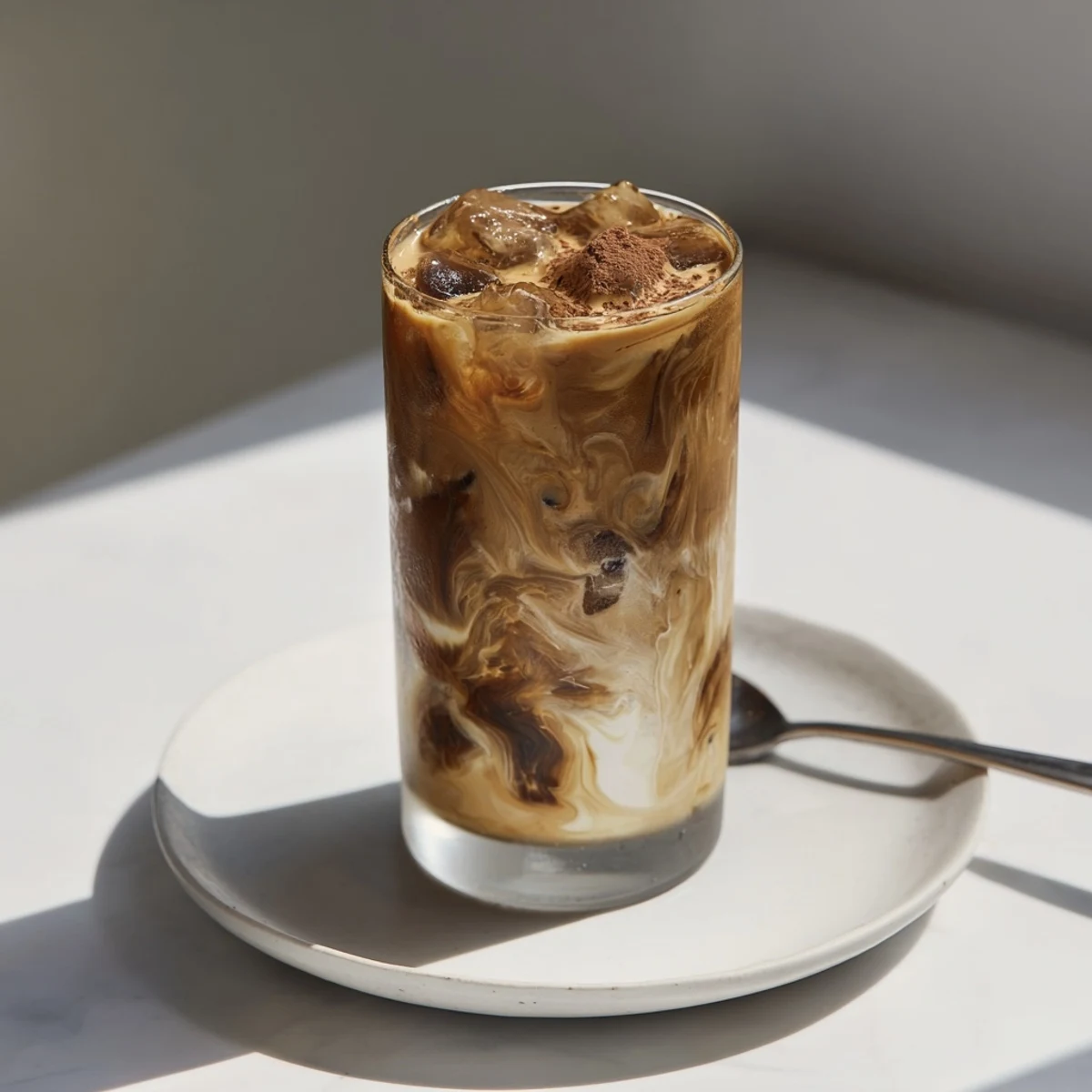 Creamy Tahini iced coffee topped with plant-based milk and ice cubes.  