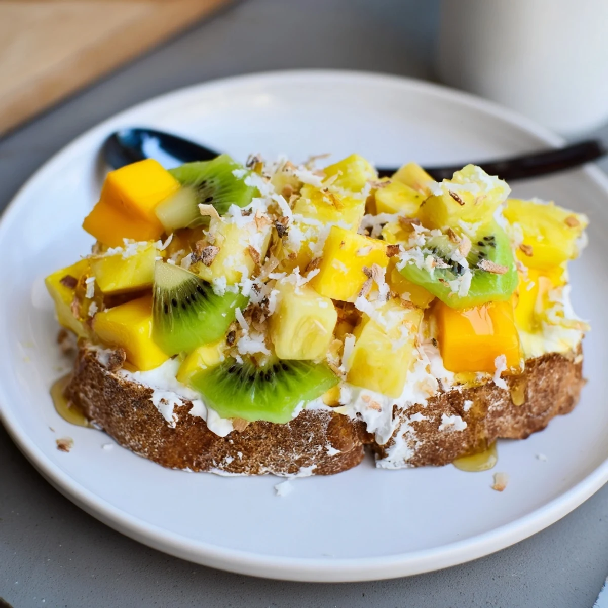 Creamy yogurt-custard toast drizzled with honey and vibrant tropical fruit toppings.  