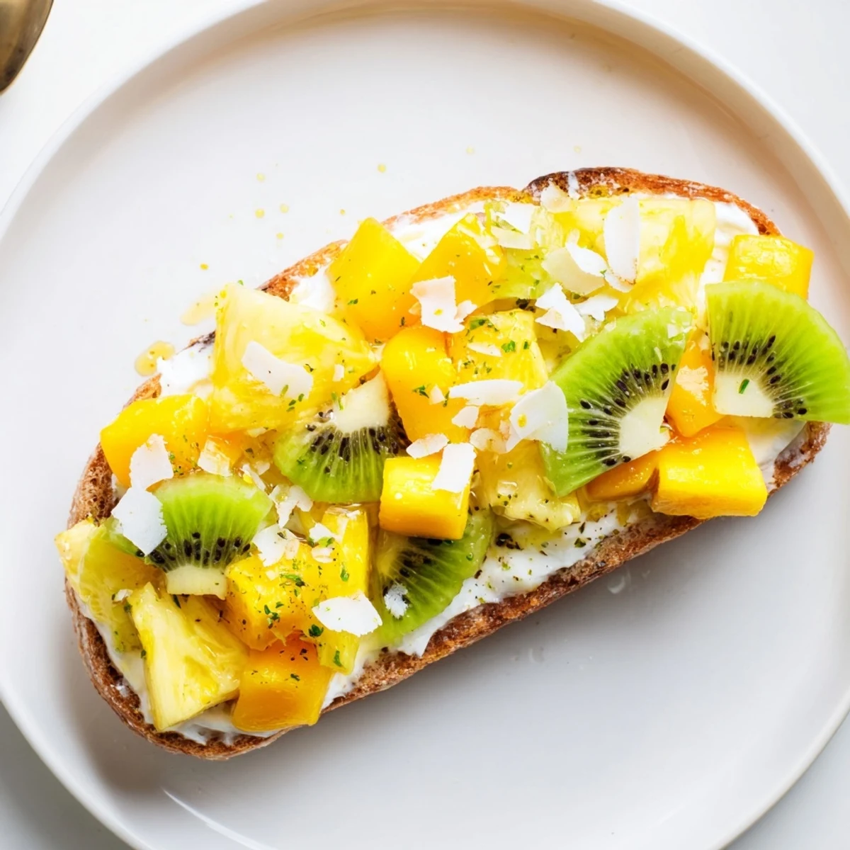 Delicious yogurt-custard toast topped with tropical fruits for a vibrant breakfast.  