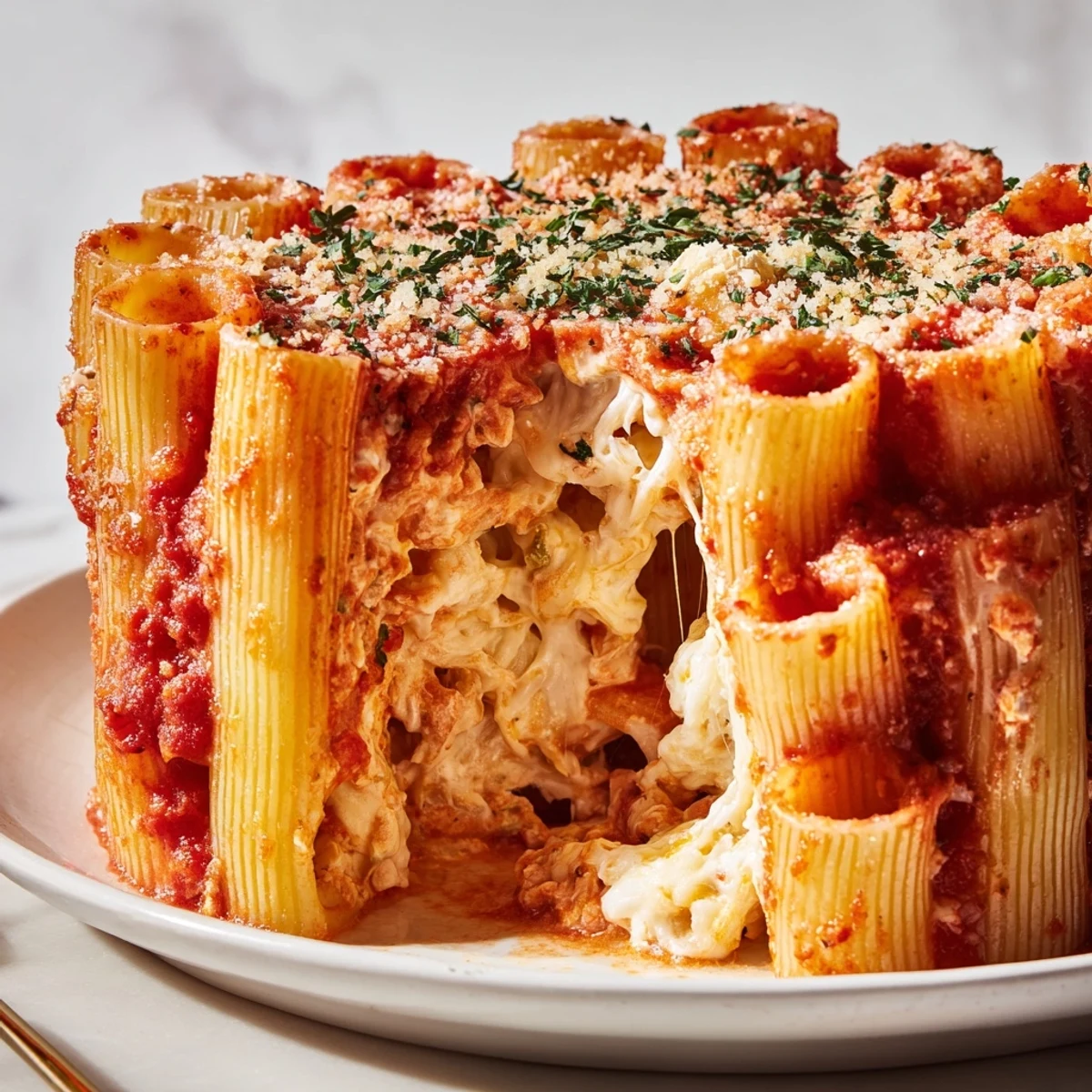 Beautifully baked rigatoni stands upright, filled with creamy ricotta and herbs.  