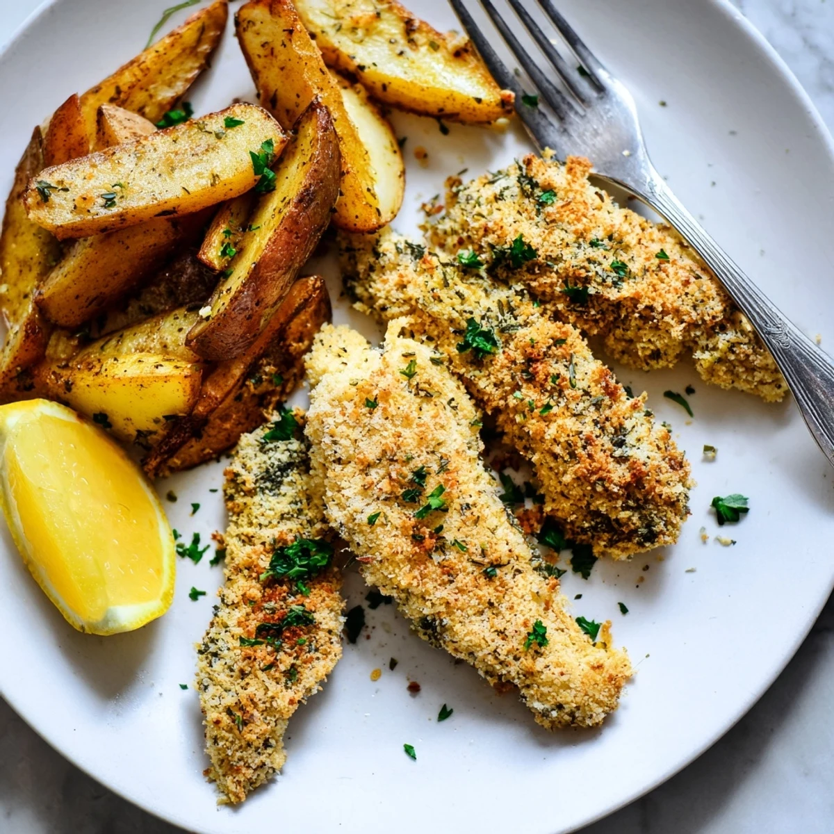 Golden-brown potato wedges next to flavorful herbed chicken tenders, perfect for family meals.