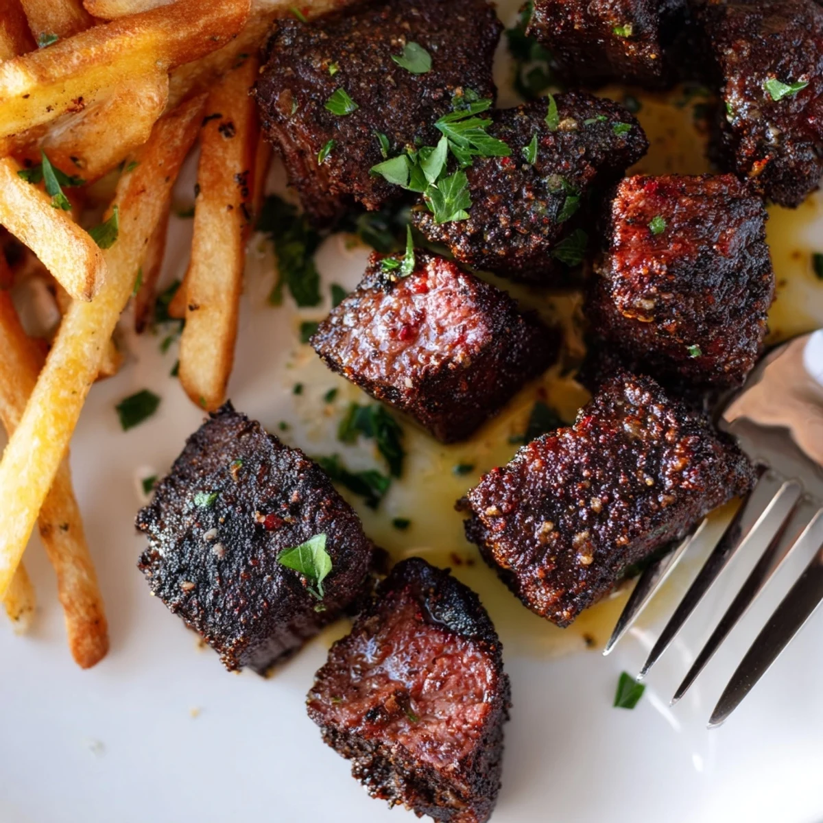 Succulent blackened Cajun steak bites paired with crispy golden fries on a plate.  