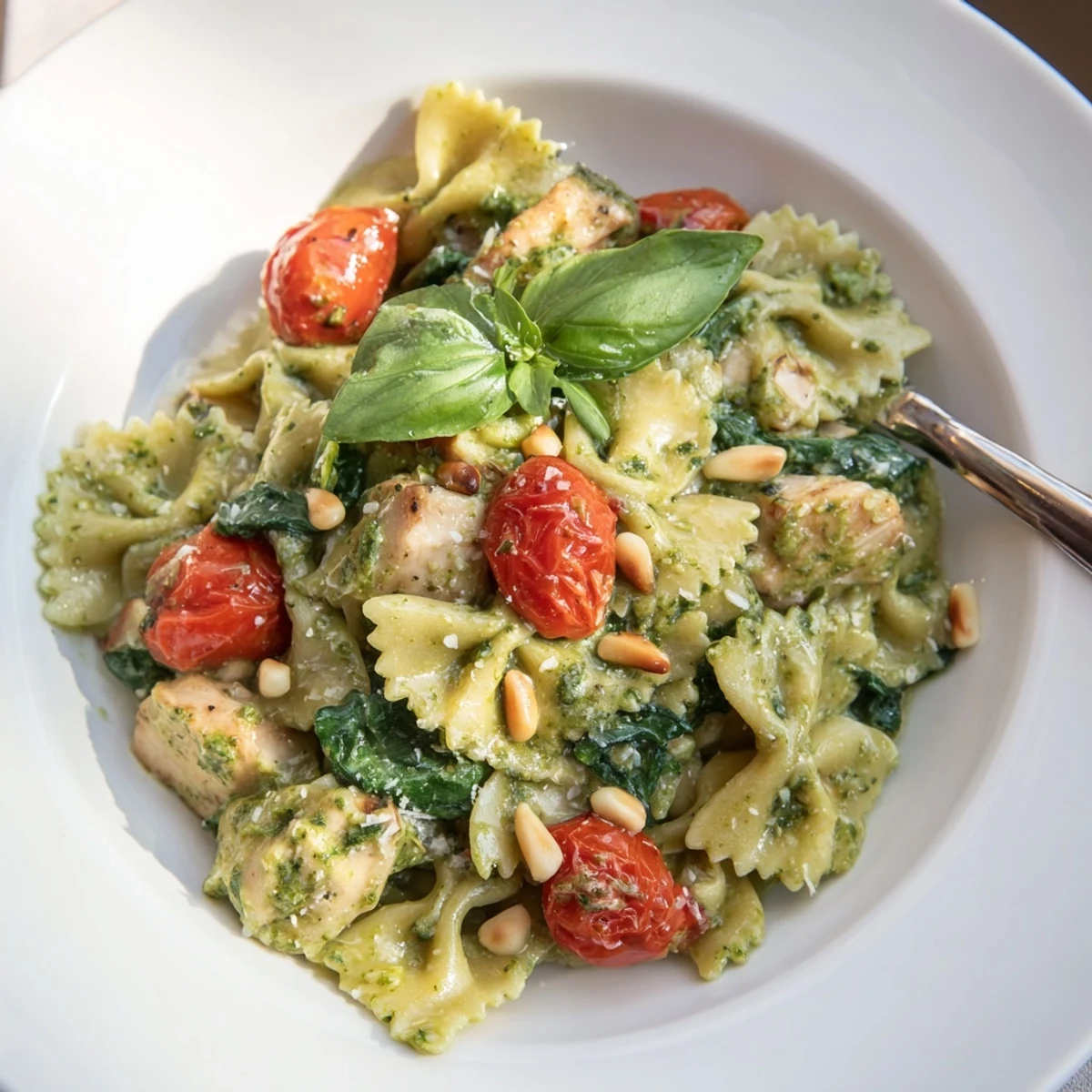 Creamy Pesto Chicken Bowtie Pasta with vibrant cherry tomatoes and aromatic herbs.  