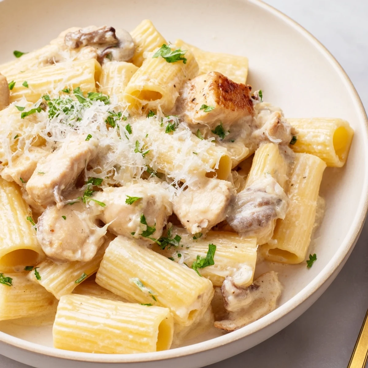Creamy Garlic Parmesan Chicken Rigatoni topped with fresh herbs and rich sauce.