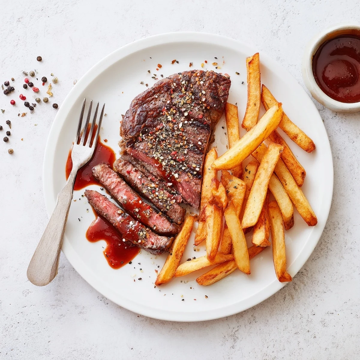 Juicy Classic Peppercorn Ribeye topped with creamy sauce, served alongside crispy fries.  