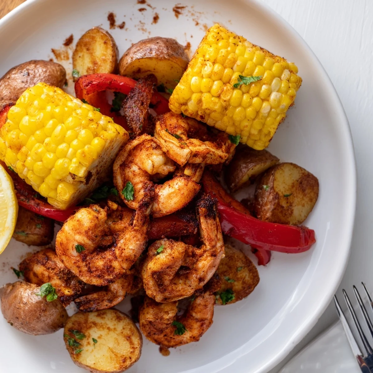 Colorful Cajun shrimp dish with sweet corn and roasted potatoes, perfect summer meal.  