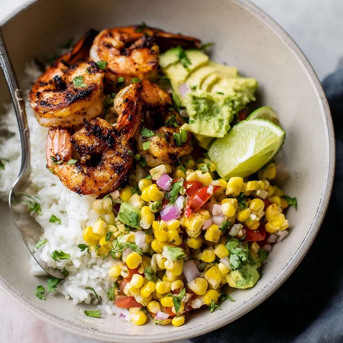 Spicy blackened shrimp nestled in a vibrant bowl with fresh corn and avocado.  