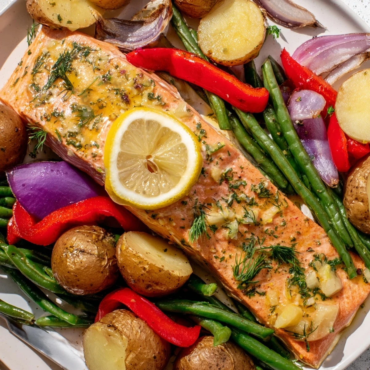 Tender Lemon Herb Salmon & Potato Sheet Pan with golden, crispy veggies and zesty flavor.  