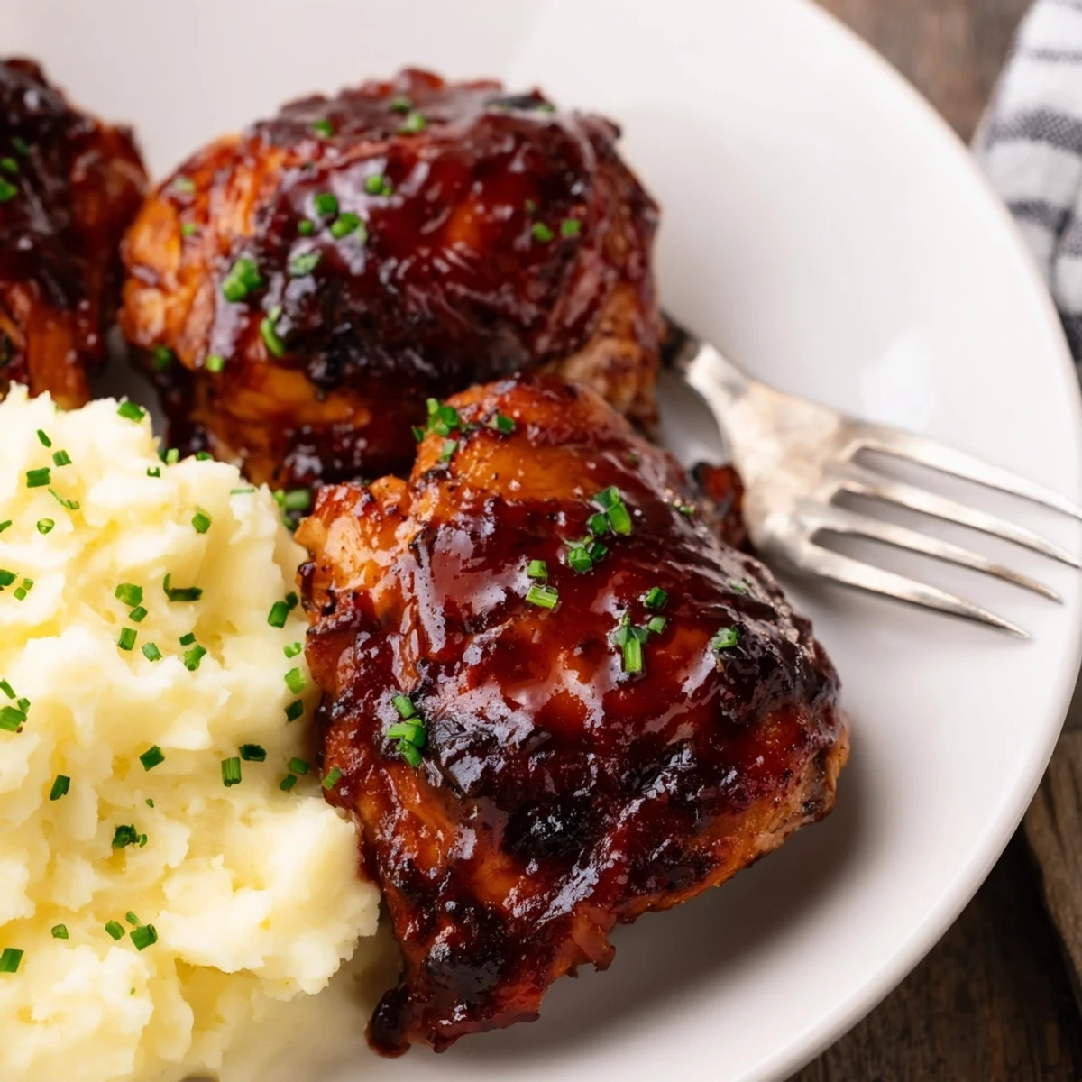 Succulent honey BBQ chicken thighs beside creamy garlic mashed potatoes on a plate.  