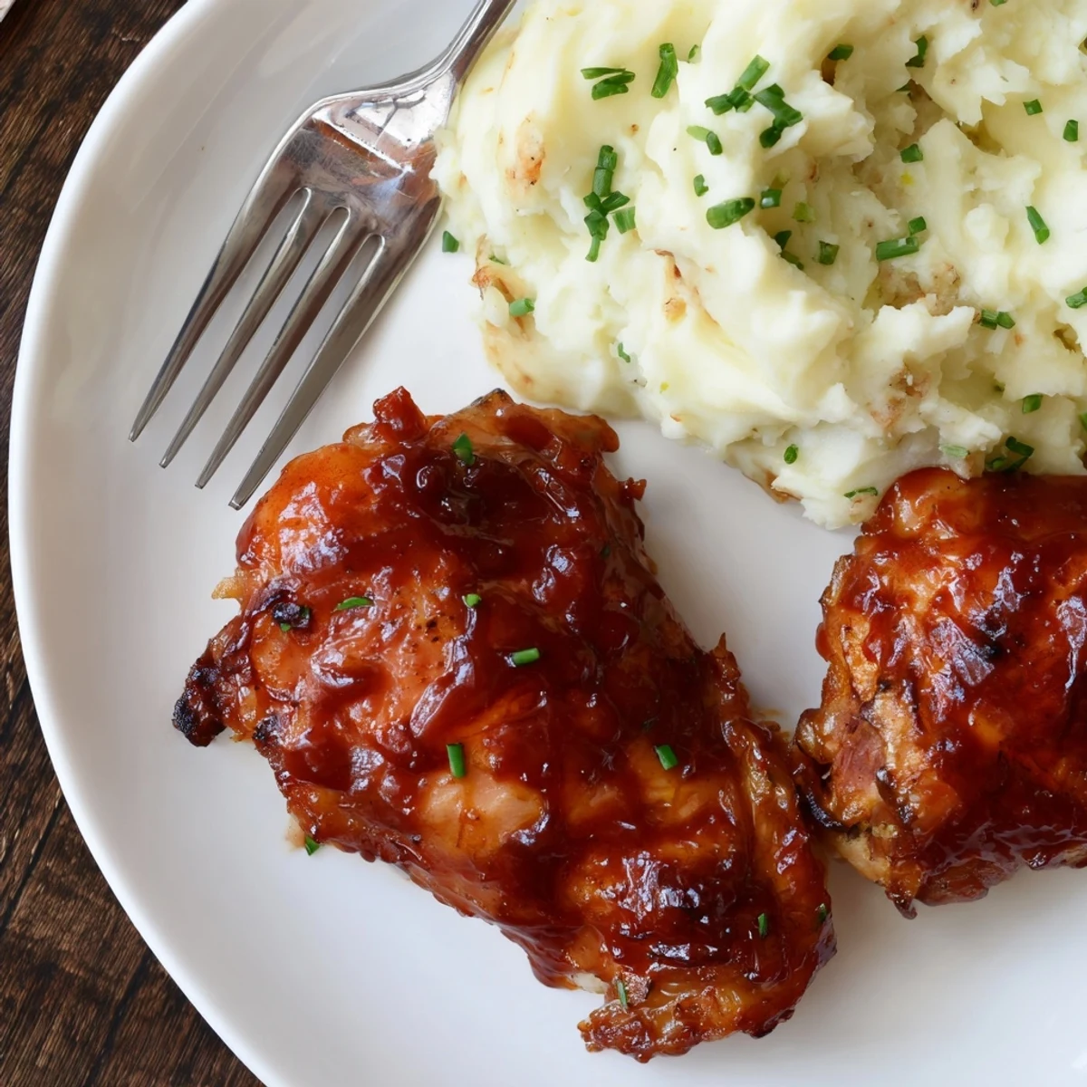 Golden-brown honey BBQ chicken thighs served with fluffy garlic mashed potatoes, garnished with chives.  