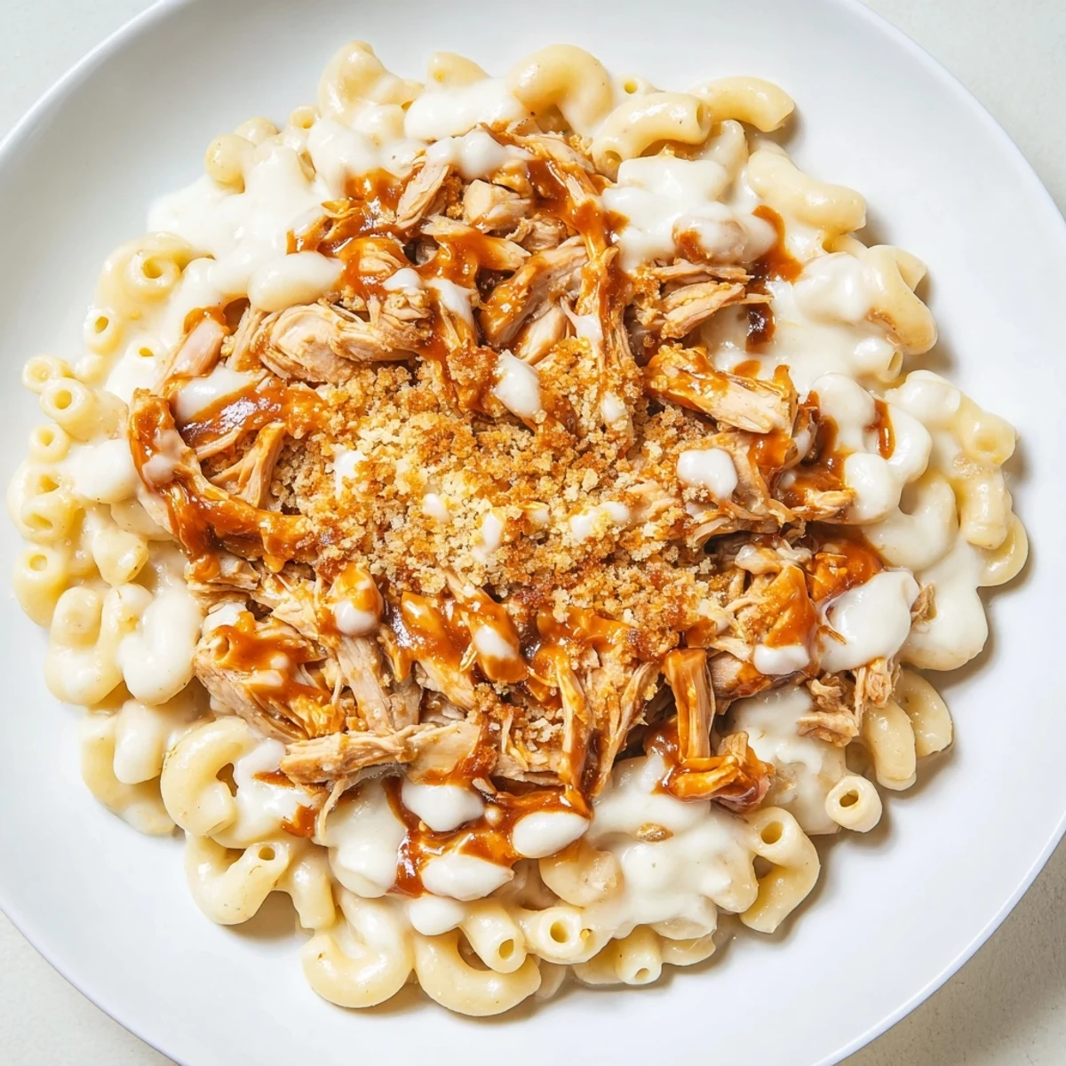 Smoky BBQ chicken atop creamy classic mac & cheese, baked to bubbly perfection for a family dinner.