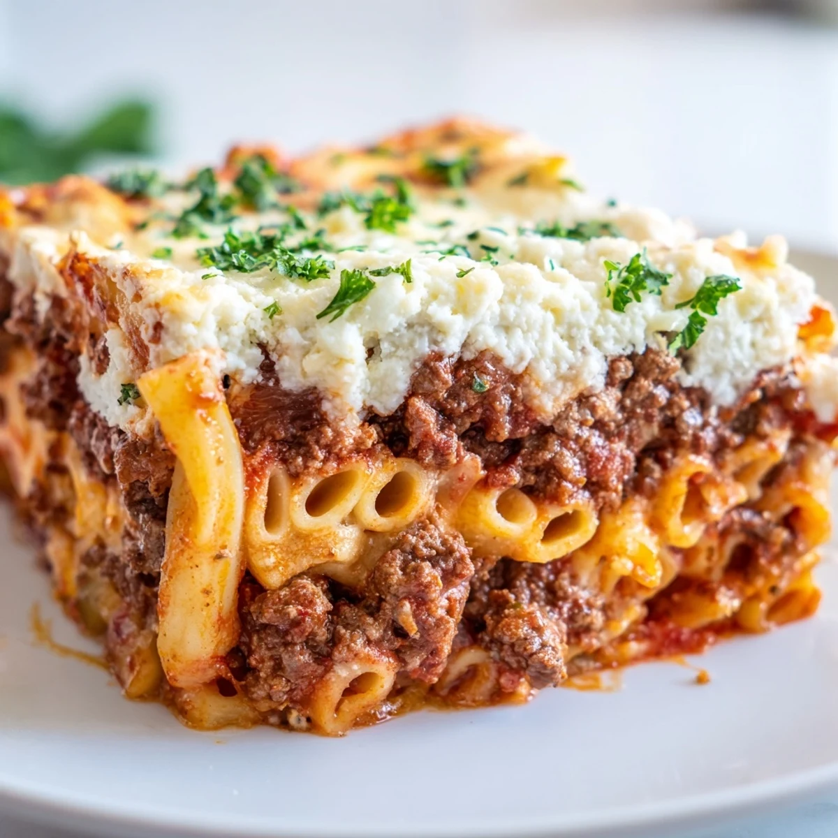 Delicious Baked Ziti with Meat Sauce, layered with creamy ricotta, ready to be served hot.