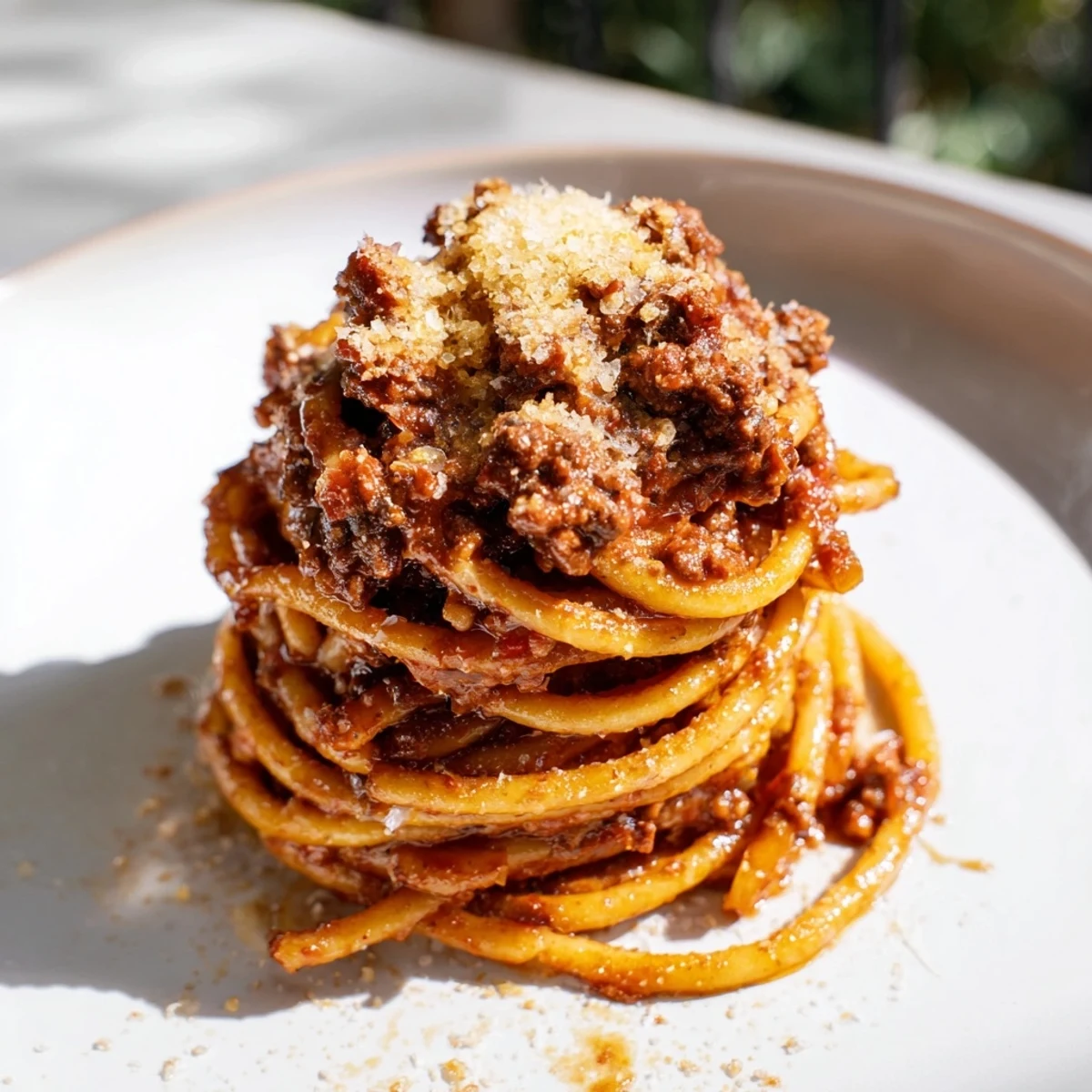 A close-up of a steaming slice of Pastitsio, showcasing rich layers and bubbly cheese topping.