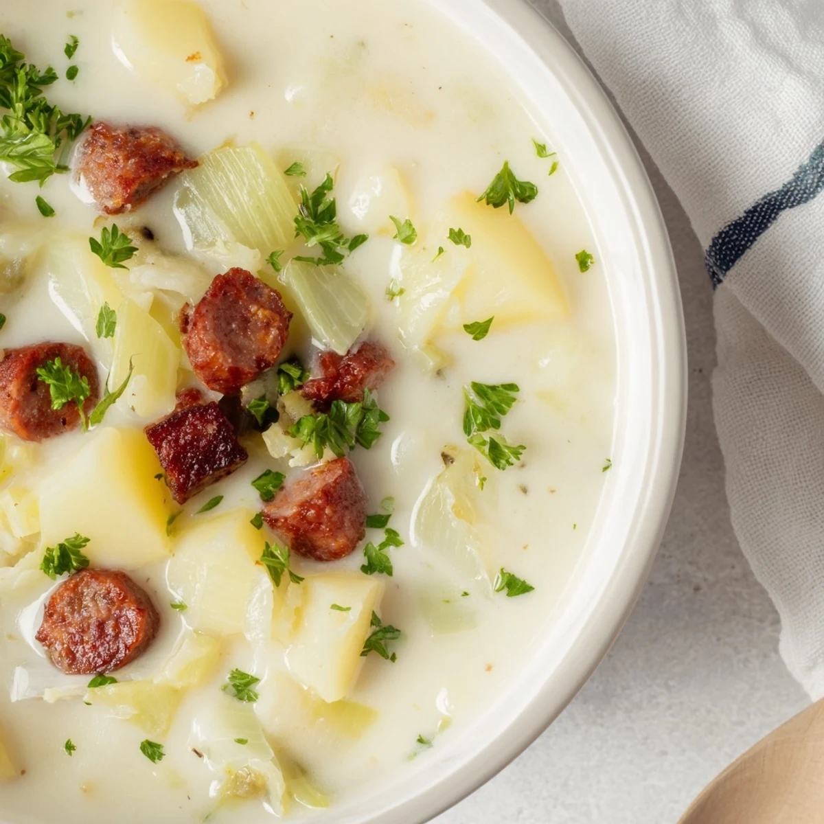 Close-up of hearty Potato, Leek & Chorizo Soup, garnished with fresh parsley and spicy chorizo.