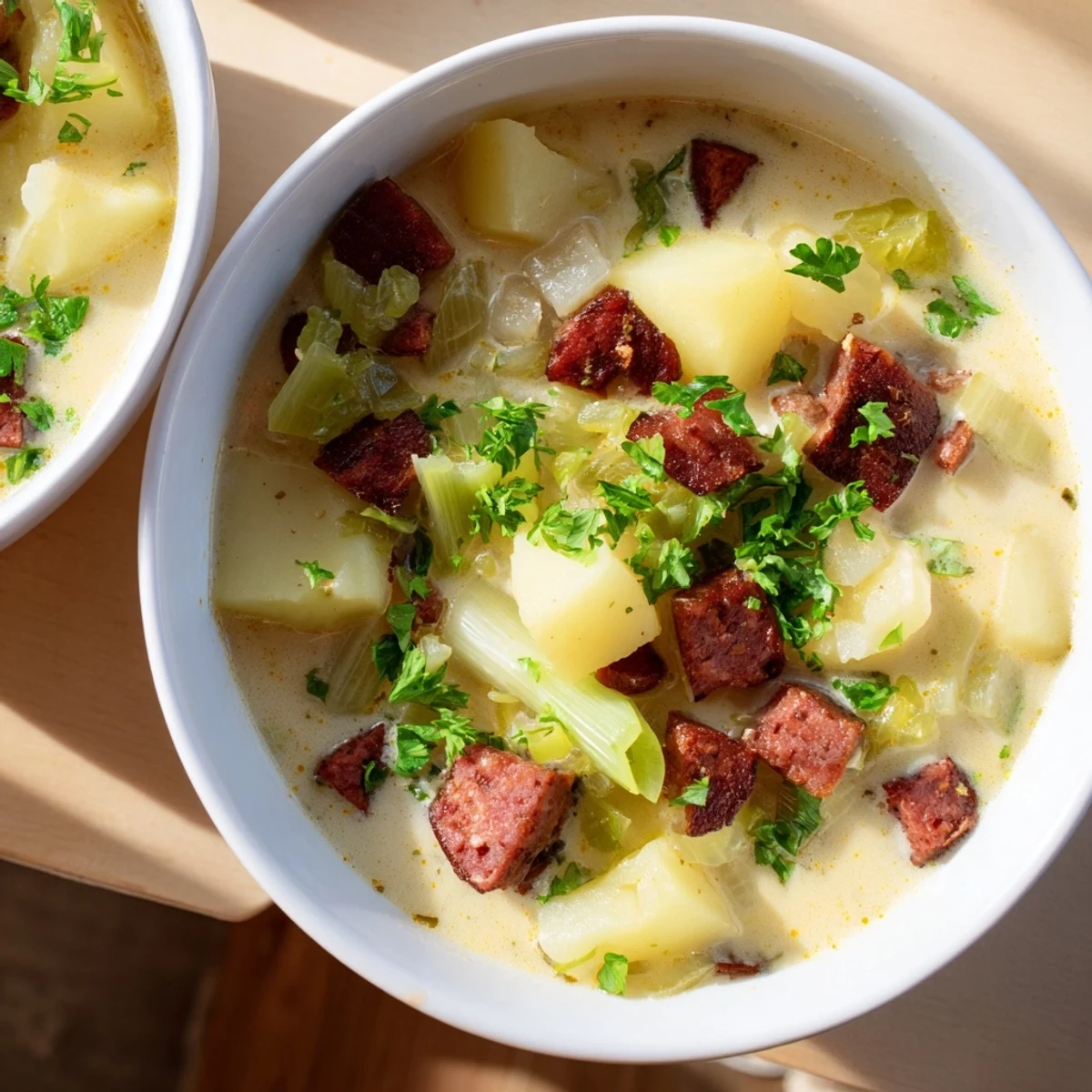 Steaming Potato, Leek & Chorizo Soup, a vibrant bowl of creamy goodness with a bread crust.