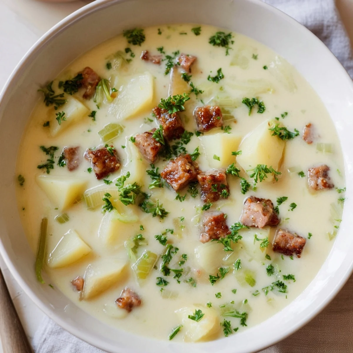 Delicious bowl of Potato, Leek & Chorizo Soup, rich and flavorful, perfect for chilly afternoons.