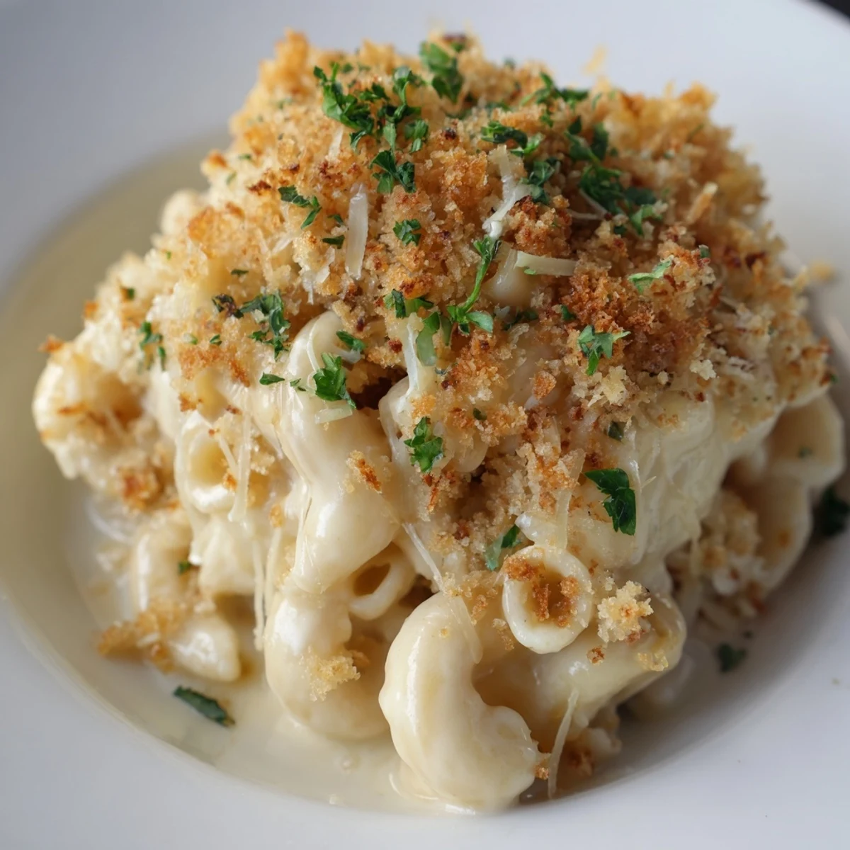 A close-up of decadent truffle macaroni & cheese, offering a flavorful bite of comfort food.