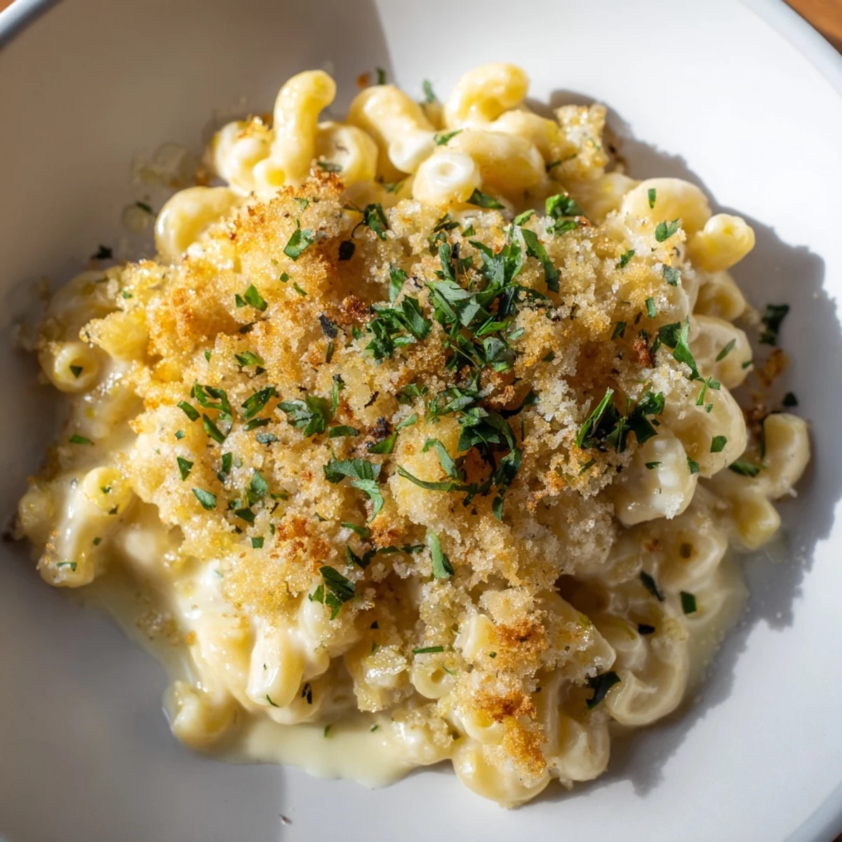 Golden-brown truffle macaroni & cheese, bubbly from the oven, ready for serving and enjoying.