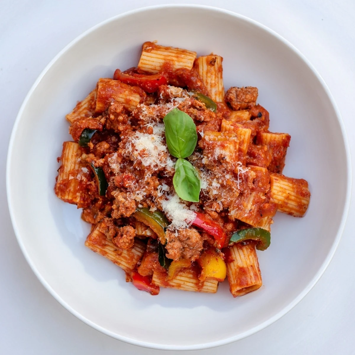 Steaming baked rigatoni with sausage and peppers, topped with bubbly cheese, ready to serve with fresh herbs.