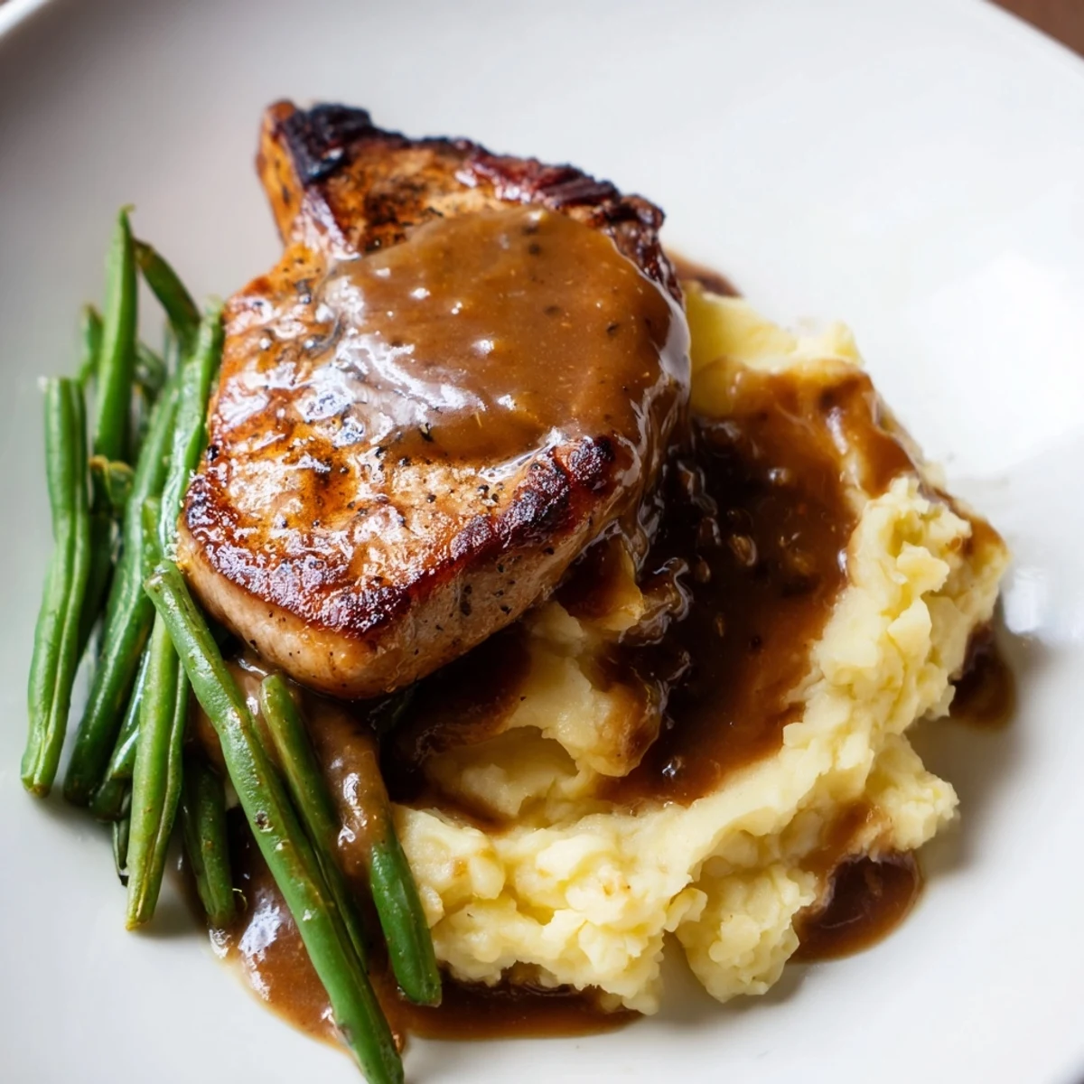 Tender pork chops atop cheddar mashed potatoes with savory gravy, making the perfect Pork Chops & Cheddar Mash Bowl.