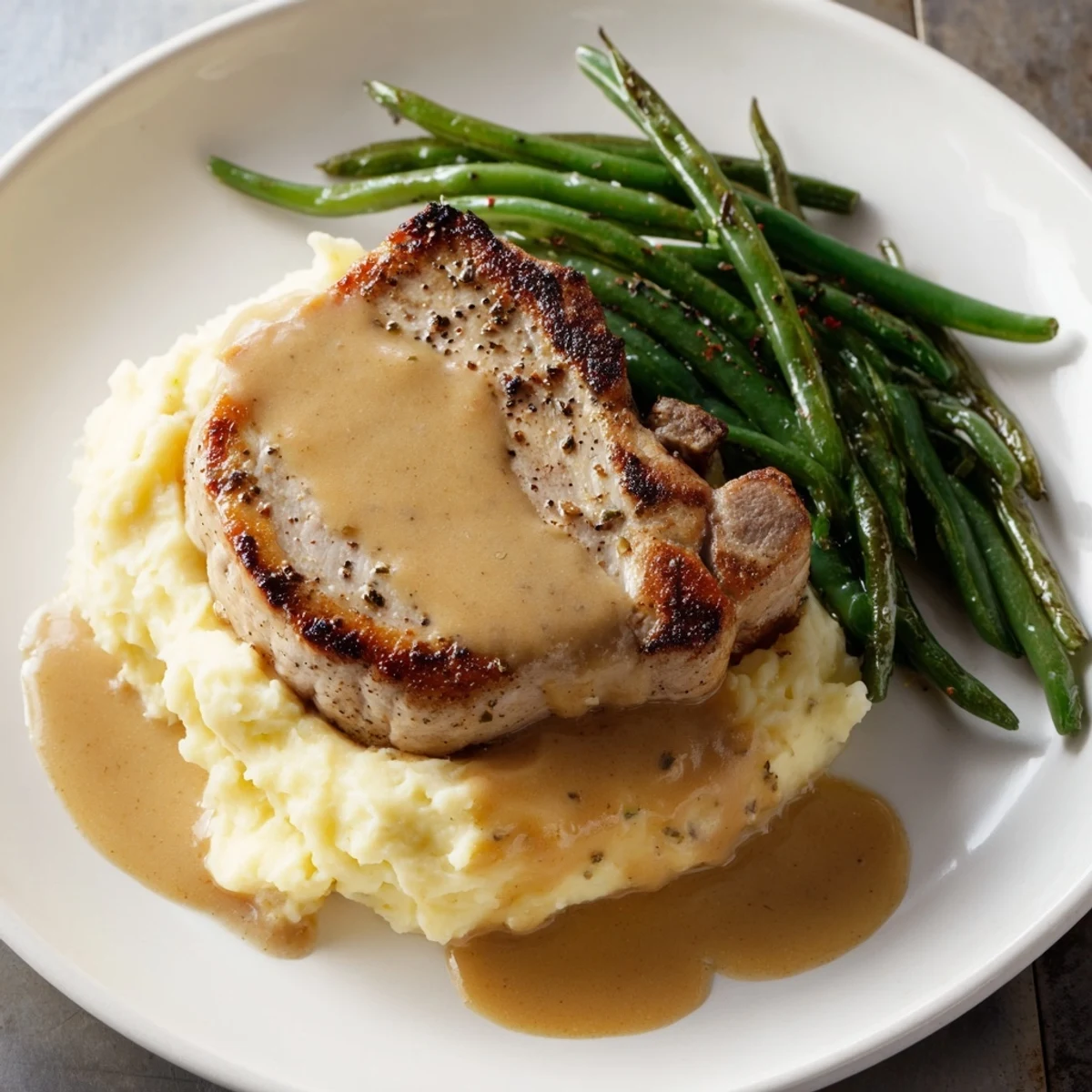 A comforting Pork Chops & Cheddar Mash Bowl: juicy pork chops, creamy mash, and green beans, beautifully plated and ready to eat.
