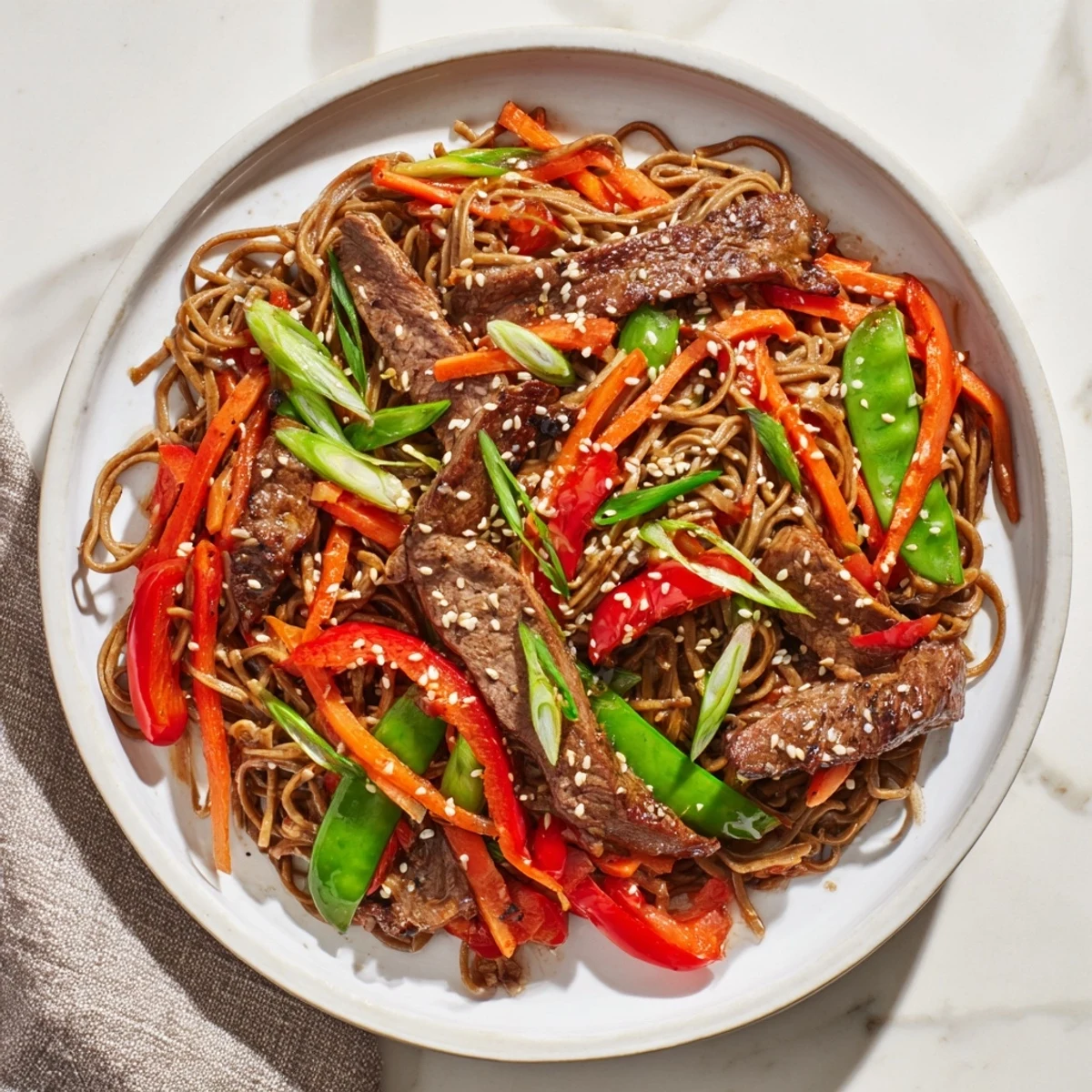 Steaming Teriyaki Beef & Noodle Bowl with glistening sauce, topped with sesame seeds and green onions.