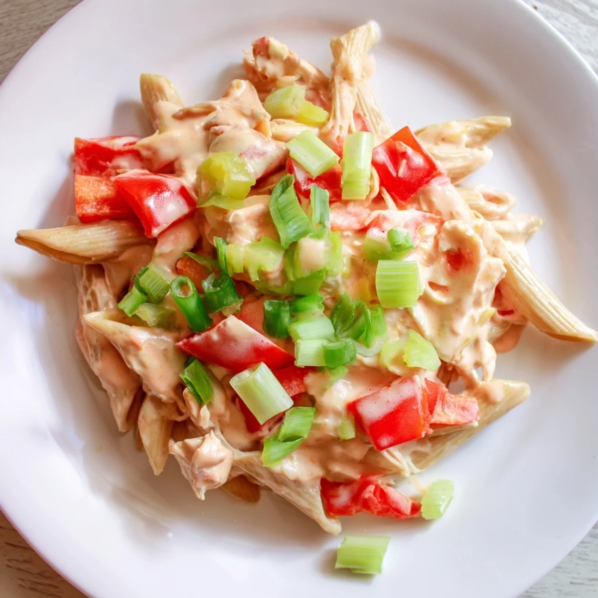 Creamy, spicy Buffalo Chicken Pasta Skillet, a one-pan dinner with melted cheese and fresh green onions.