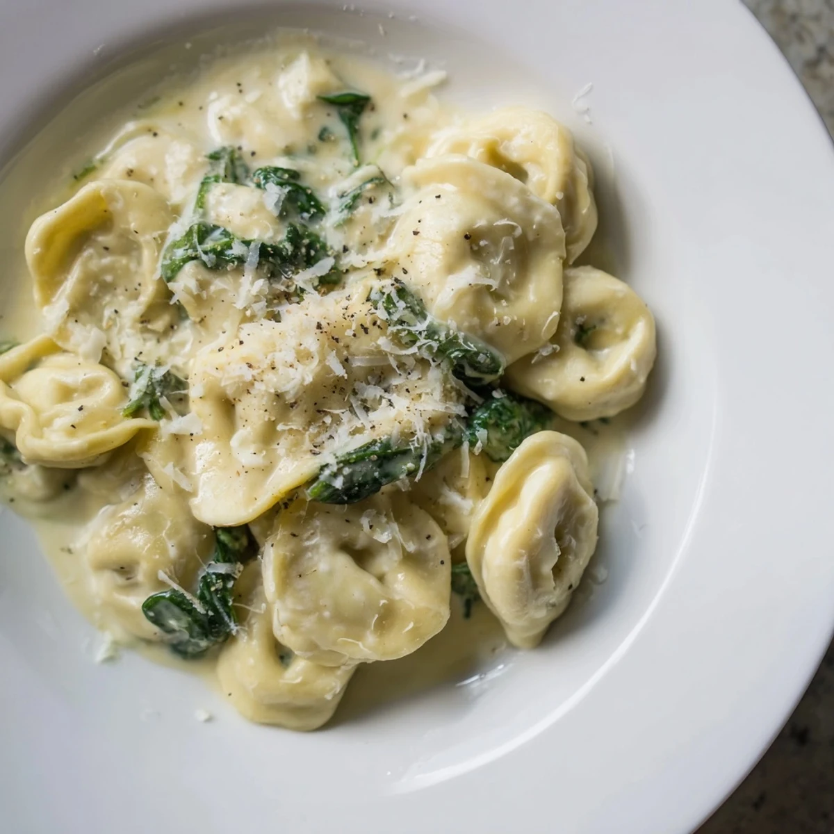 Enjoy a steaming bowl of Creamy Spinach Alfredo Tortellini, with tender pasta in a creamy sauce.