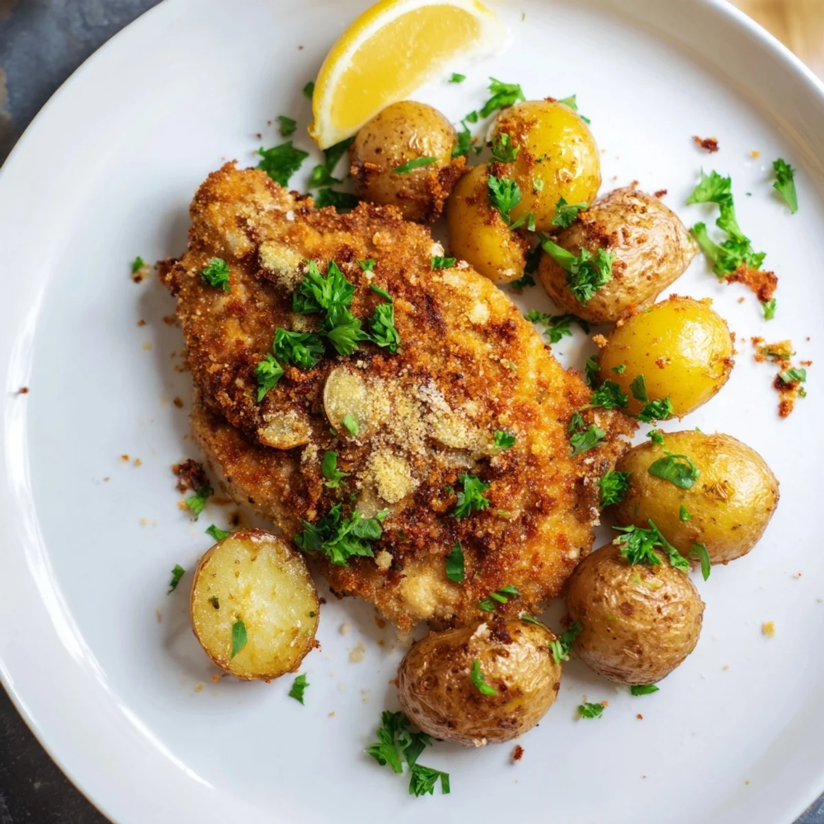 Golden, crispy Parmesan crusted chicken & potatoes, ready to serve with fresh parsley and lemon.