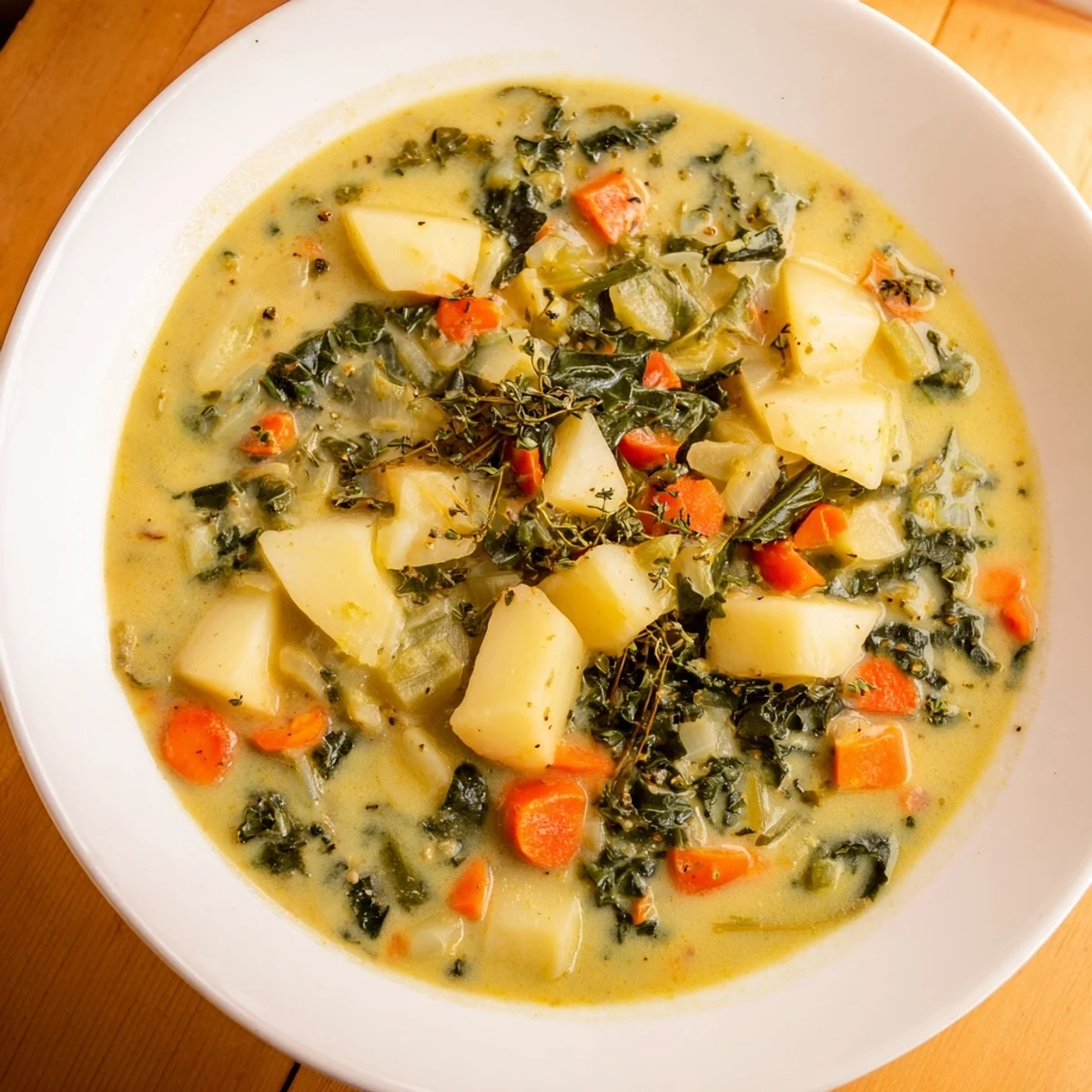 Steaming bowl of Vegetarian Potato-Kale Soup, with vibrant kale and golden potatoes visible.