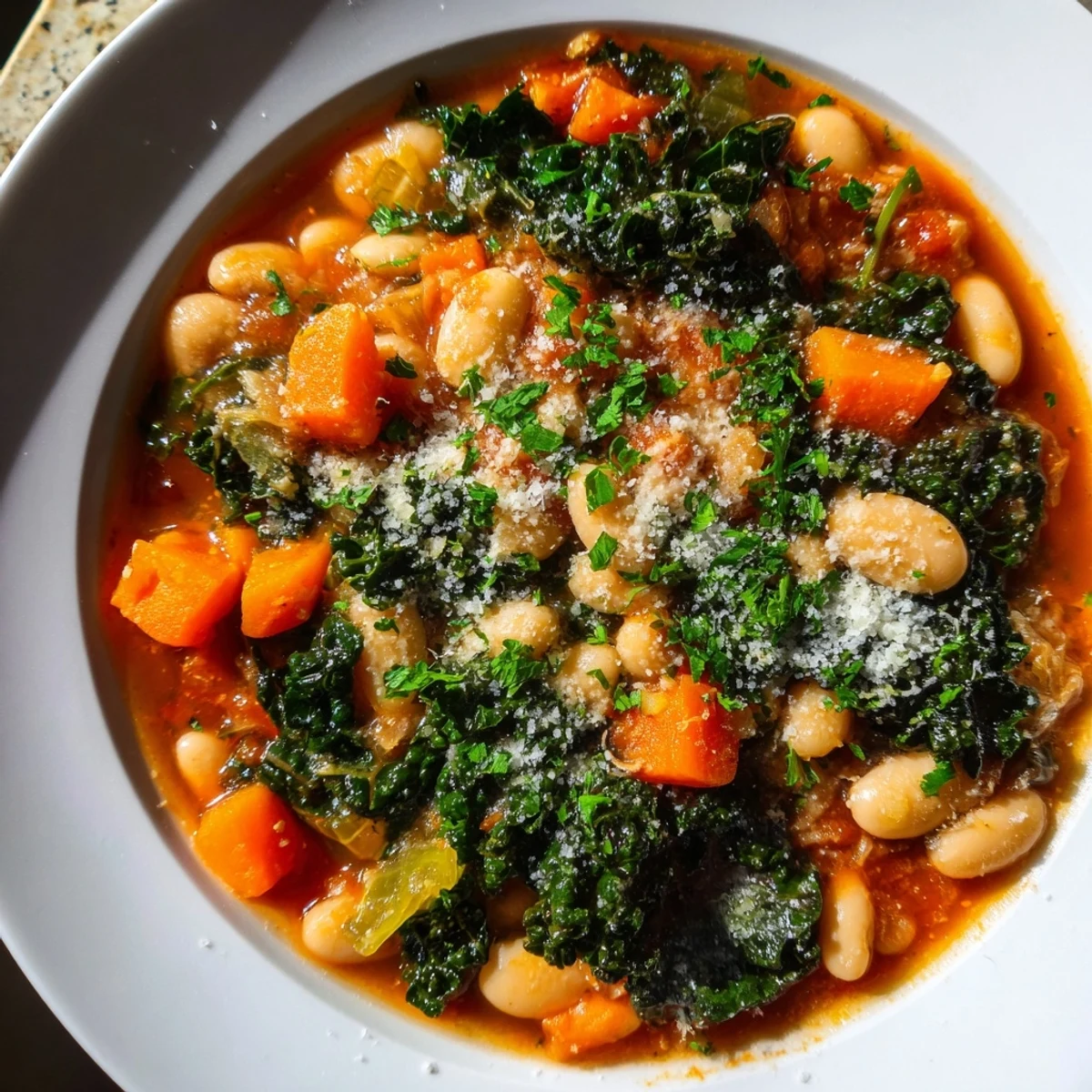 Close-up of a rustic bowl filled with Italian Bean & Kale Stew, garnished with fresh herbs and a drizzle.