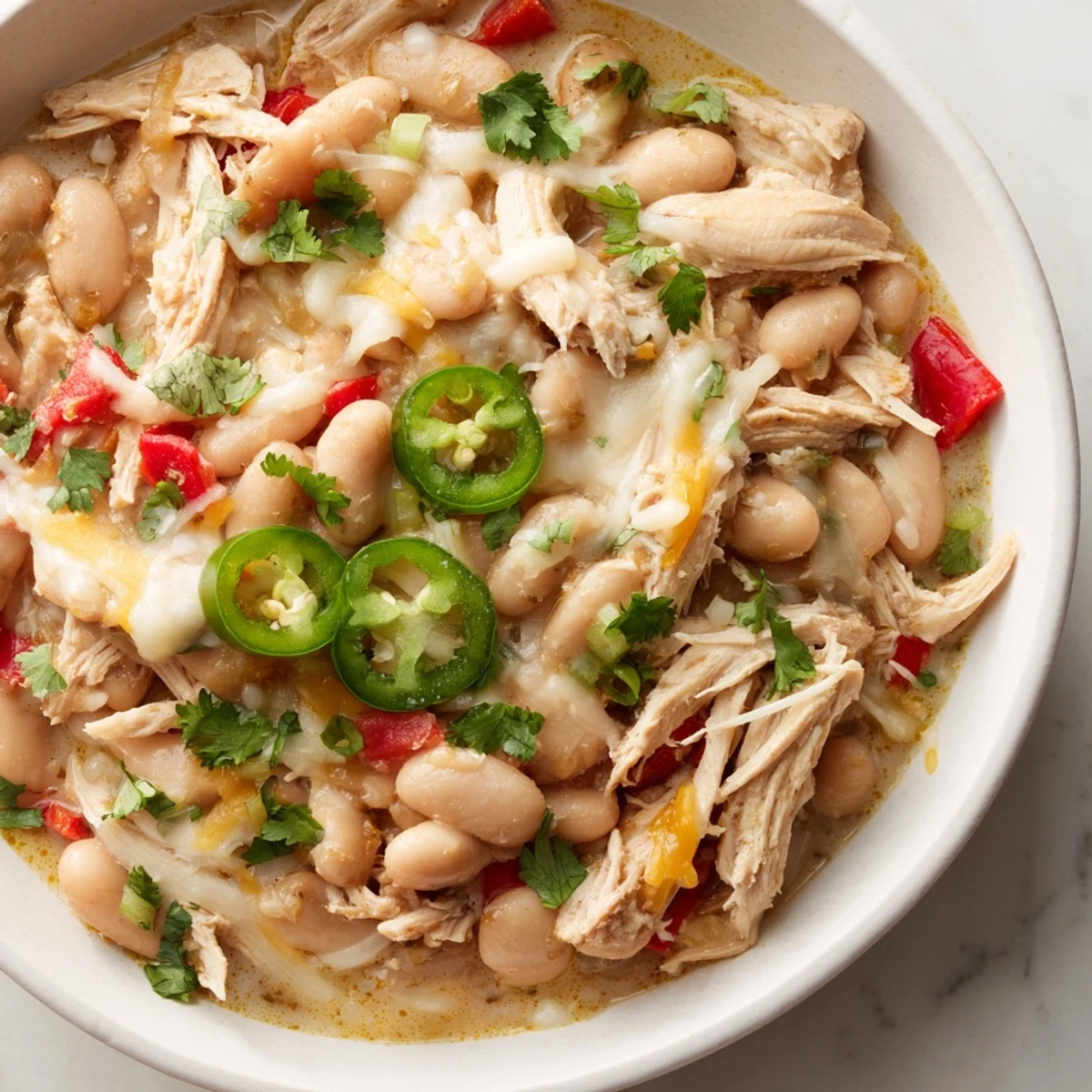 Creamy White Chicken Chili with Beans, a warm bowl of hearty goodness, topped with fresh cilantro.