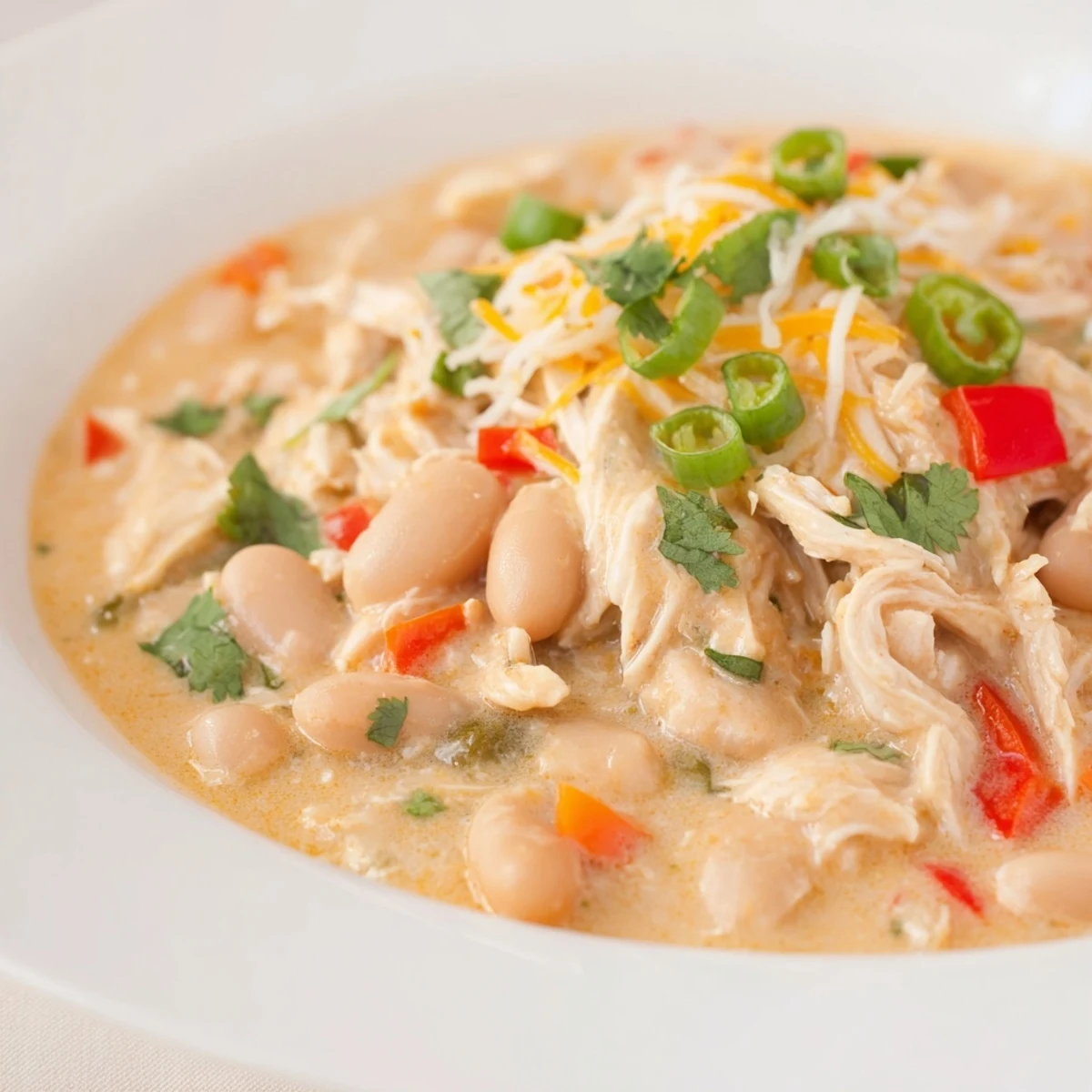 This Creamy White Chicken Chili with Beans recipe showcases a flavorful, Southwestern-inspired dish served in a bowl.
