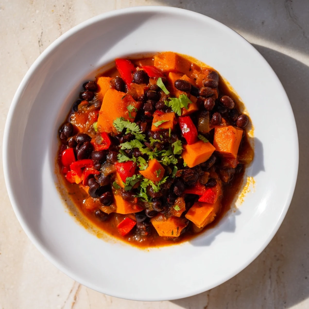 Steaming bowl of Sweet Potato & Black Bean Chili, garnished with cilantro, ready to eat.