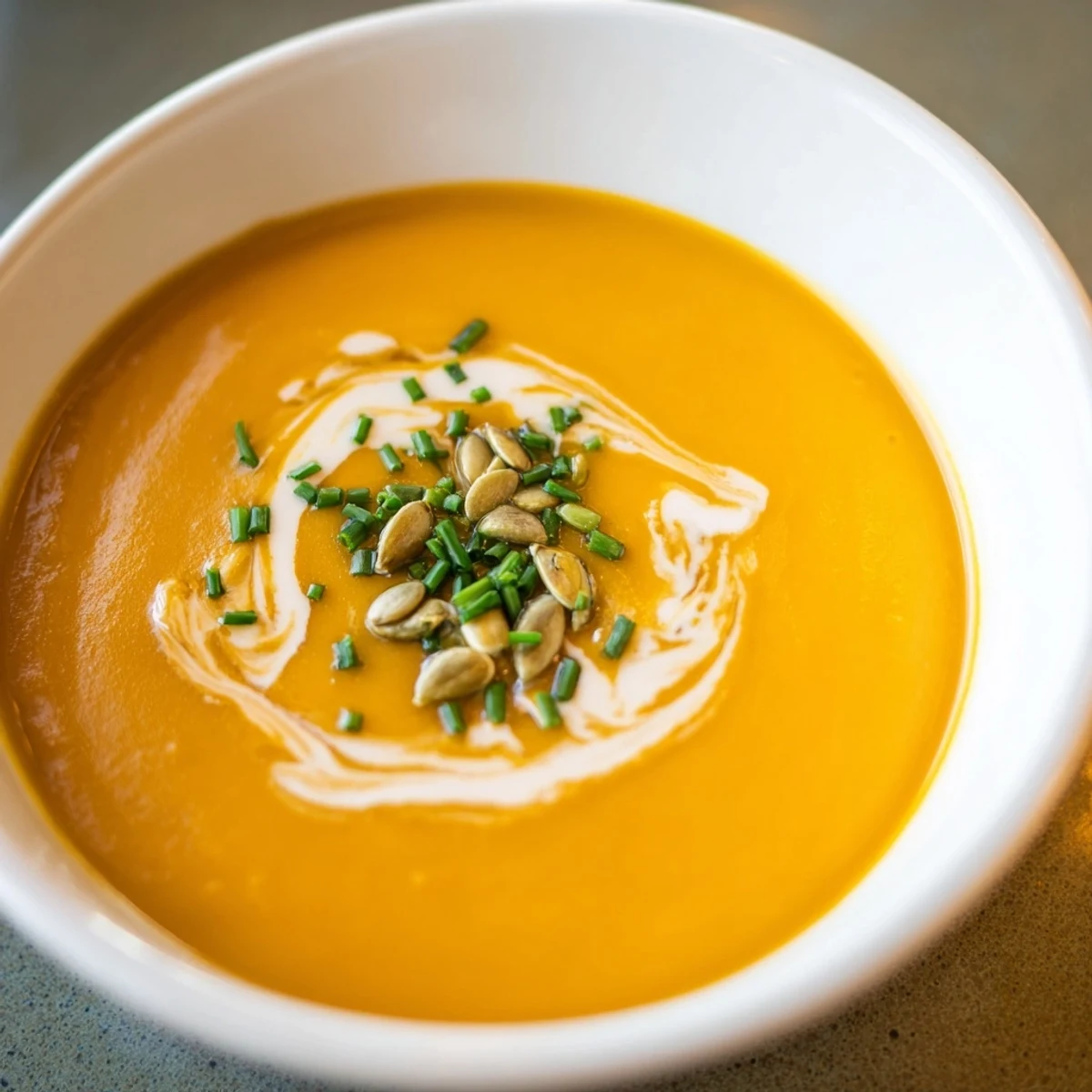 Golden butternut squash and pear soup, a vegetarian-friendly, gluten-free autumn delight.