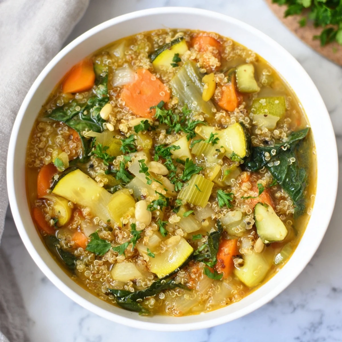 Hearty Minestrone with Quinoa & Winter Greens: a colorful soup with visible vegetables and protein-packed quinoa.