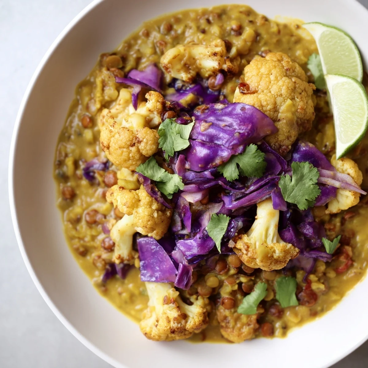 A steaming bowl of Red Cabbage, Cauliflower & Coconut Dhal, garnished and ready to eat.