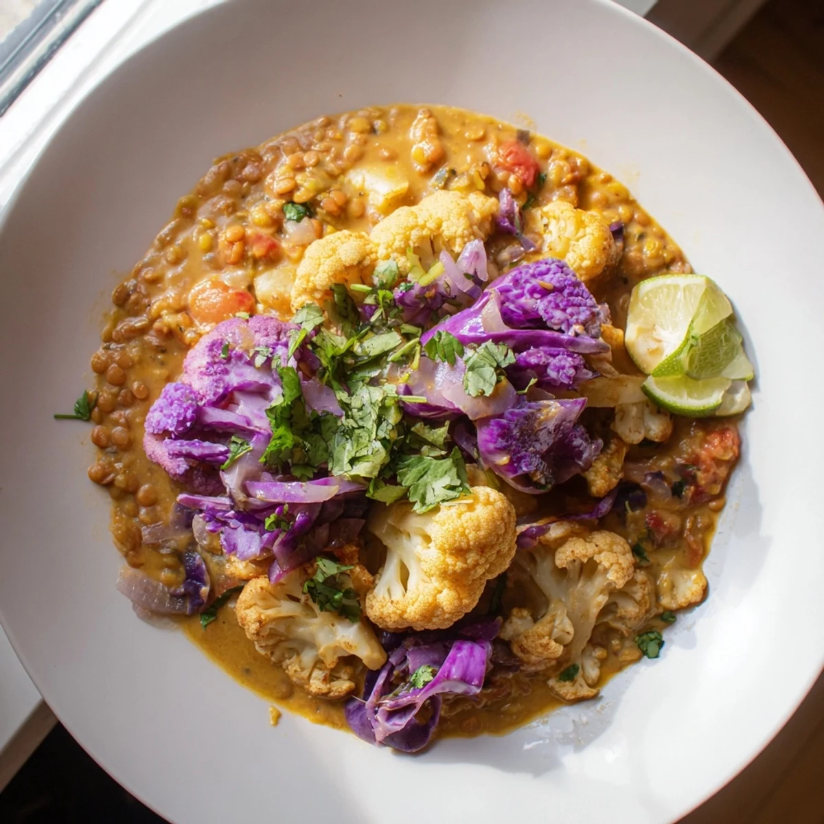 Creamy and colorful Red Cabbage, Cauliflower & Coconut Dhal, perfect for a cozy vegetarian dinner.