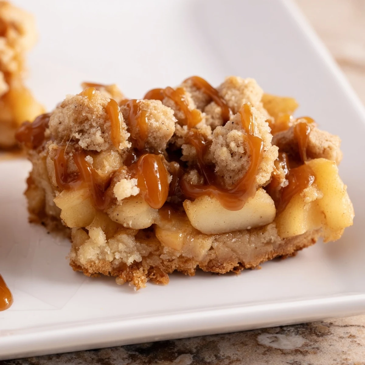 A close-up of Caramel Apple Cookie Bars, layered with gooey caramel and sweet apples.
