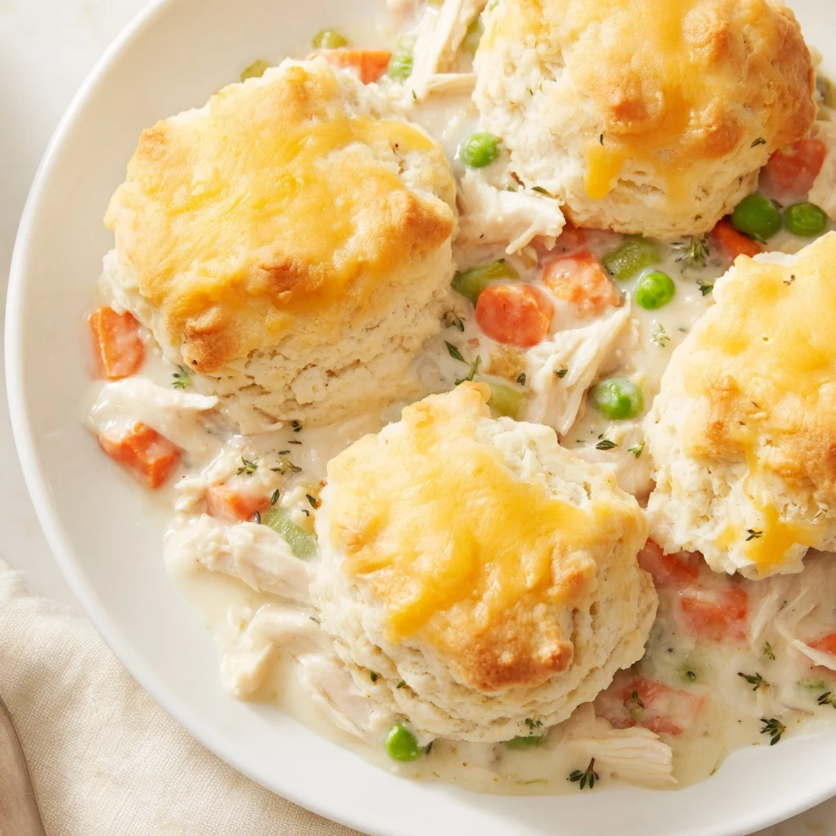 Savory One-Pan Chicken Cobbler showcasing a creamy chicken and vegetable filling beneath a baked biscuit crust.