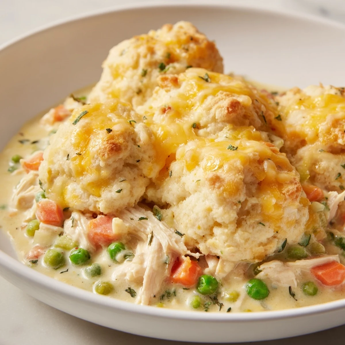 Delicious, homemade One-Pan Chicken Cobbler; imagine the tender chicken with warm, cheddar biscuits.
