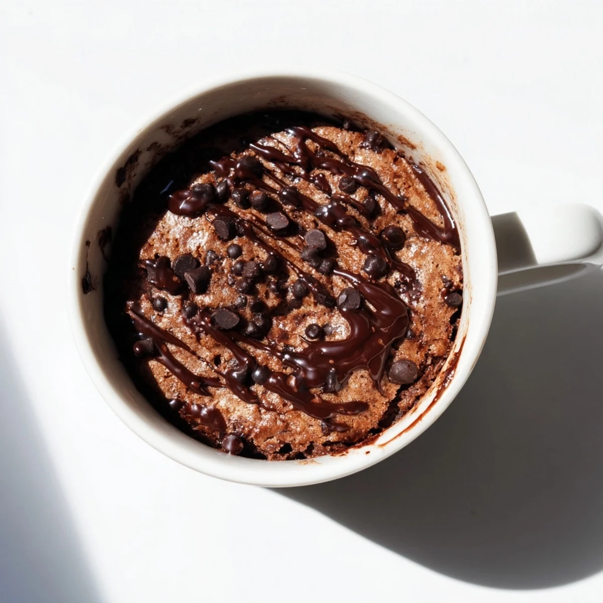 A warm, fudgy microwaved mug cake, ready to eat straight from the mug with chocolate chips.