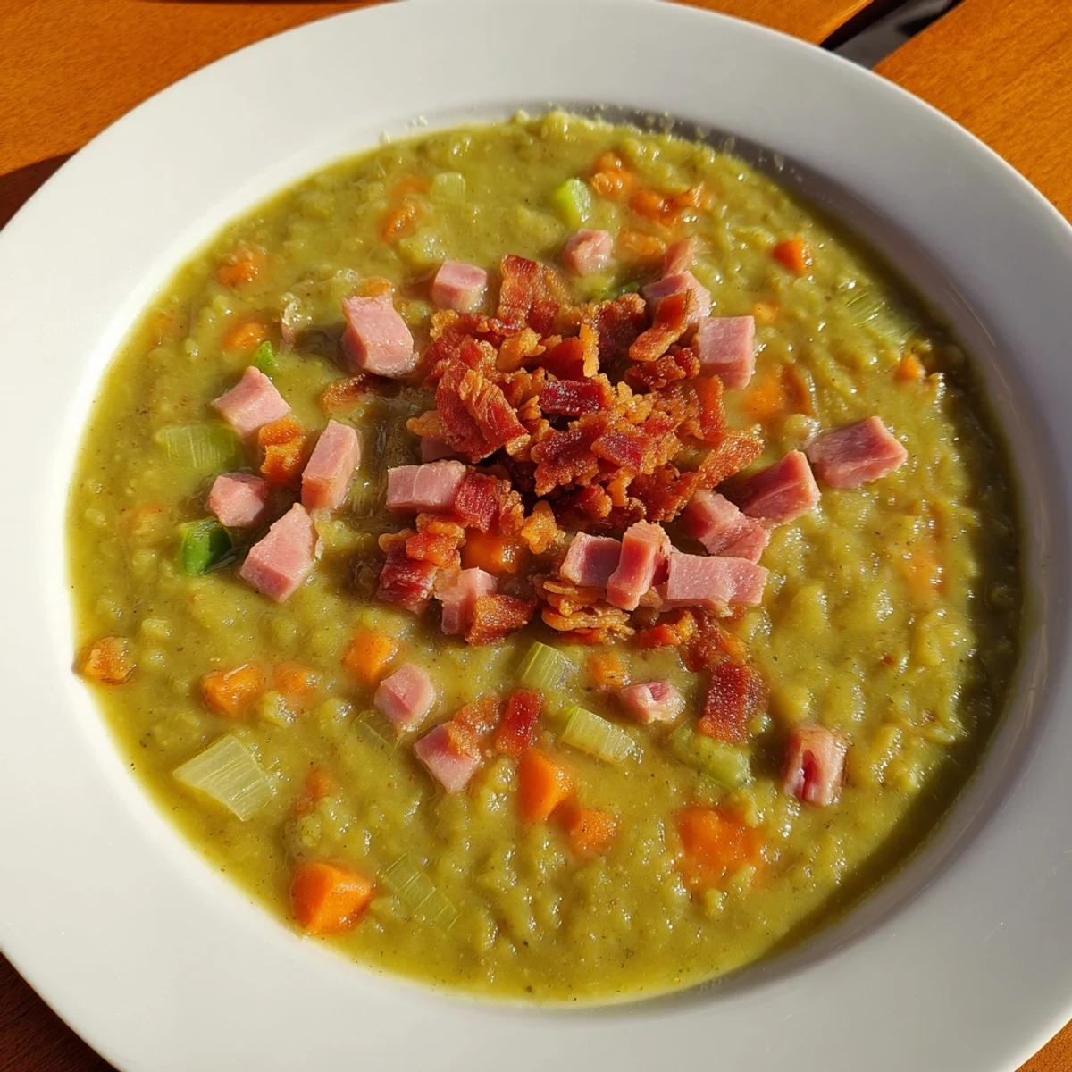 Steaming bowl of Split Pea Soup brimming with ham, bacon, and vibrant carrots, ready to enjoy.