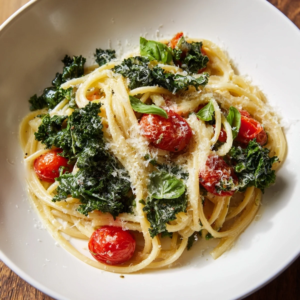 Steaming one-pot spaghetti with kale & tomatoes, garnished fresh and ready for a delicious meal.