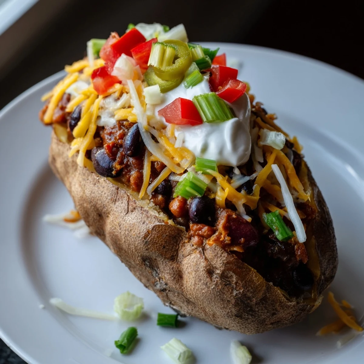 Steaming Loaded Baked Potato with Chili and Cheese, a comforting American classic, ready to eat.