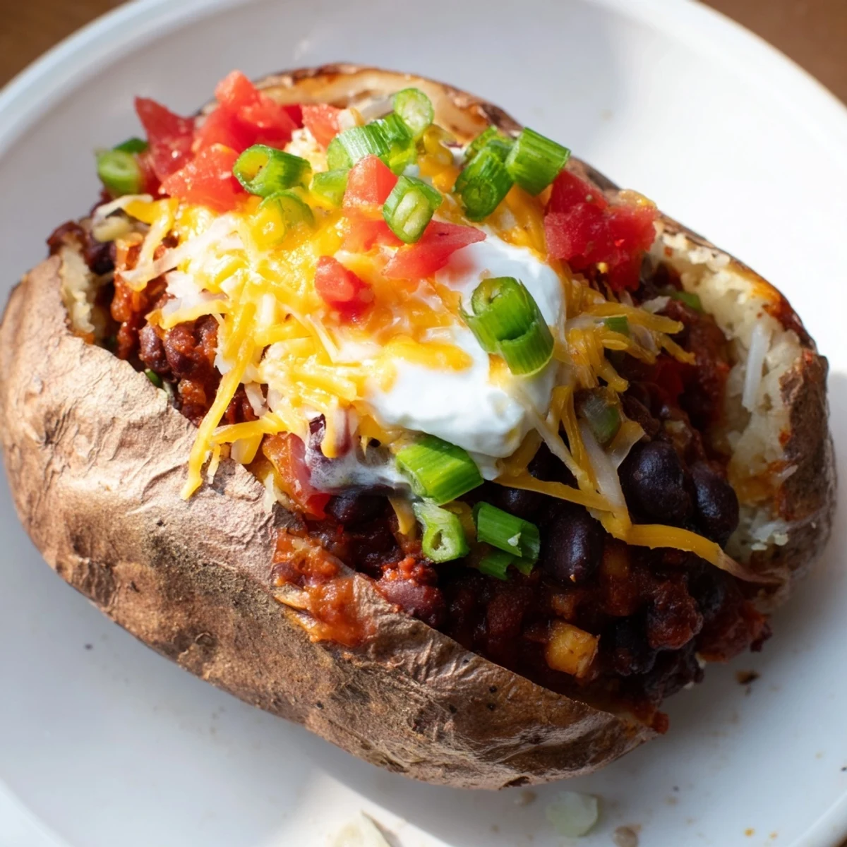Golden-brown Loaded Baked Potato with Chili and Cheese, a delicious meal topped with fresh ingredients.