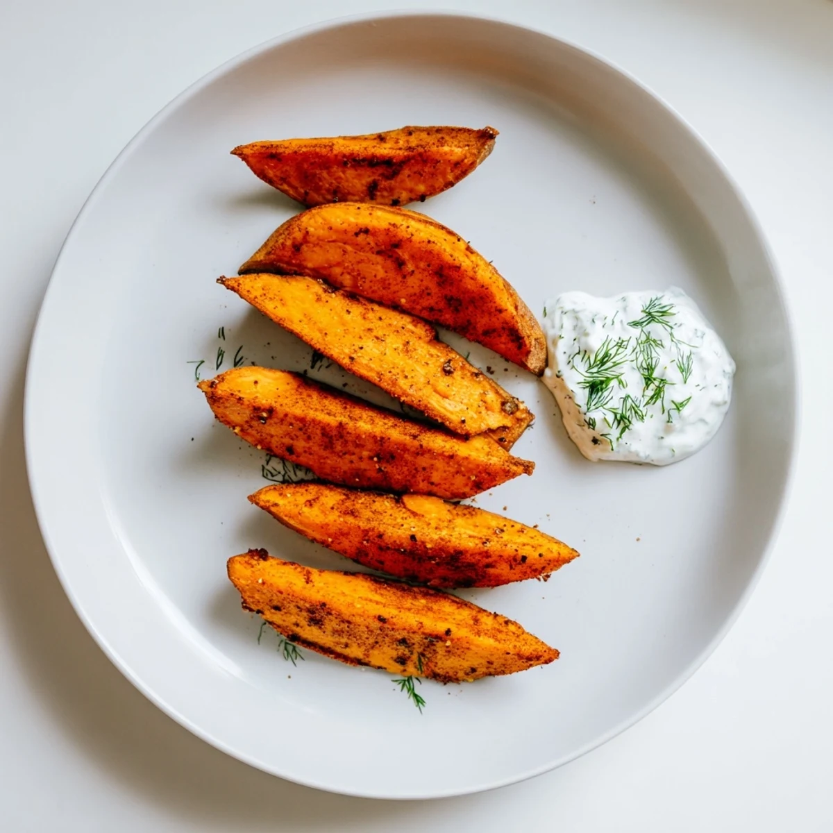 Golden, crispy Roasted Sweet Potato Wedges ready to serve with creamy yogurt dip.