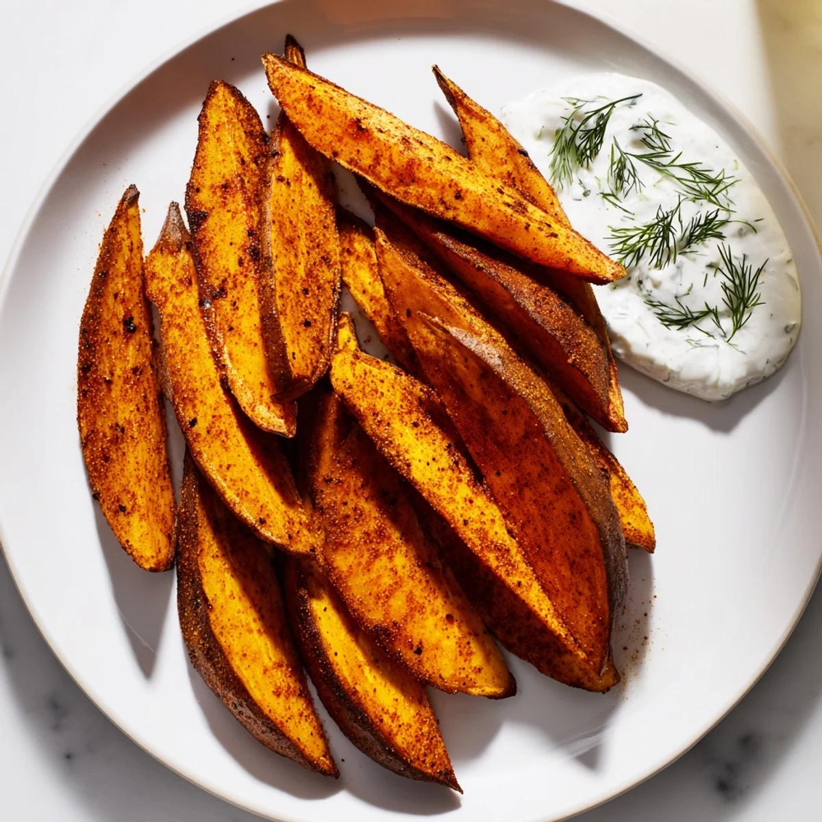 Close-up of freshly roasted sweet potato wedges, a flavorful side dish with herb yogurt.